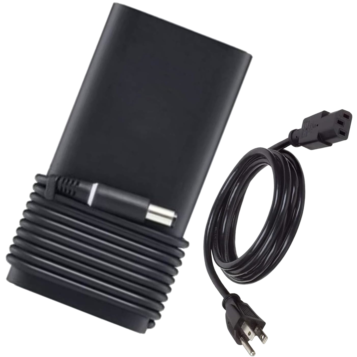 A WEALLGOOD New Slim 330W 240W Charger for Dell Alienware m16 shown on a transparent background with its cable wrapped around it and the power cable coiled up on its right.