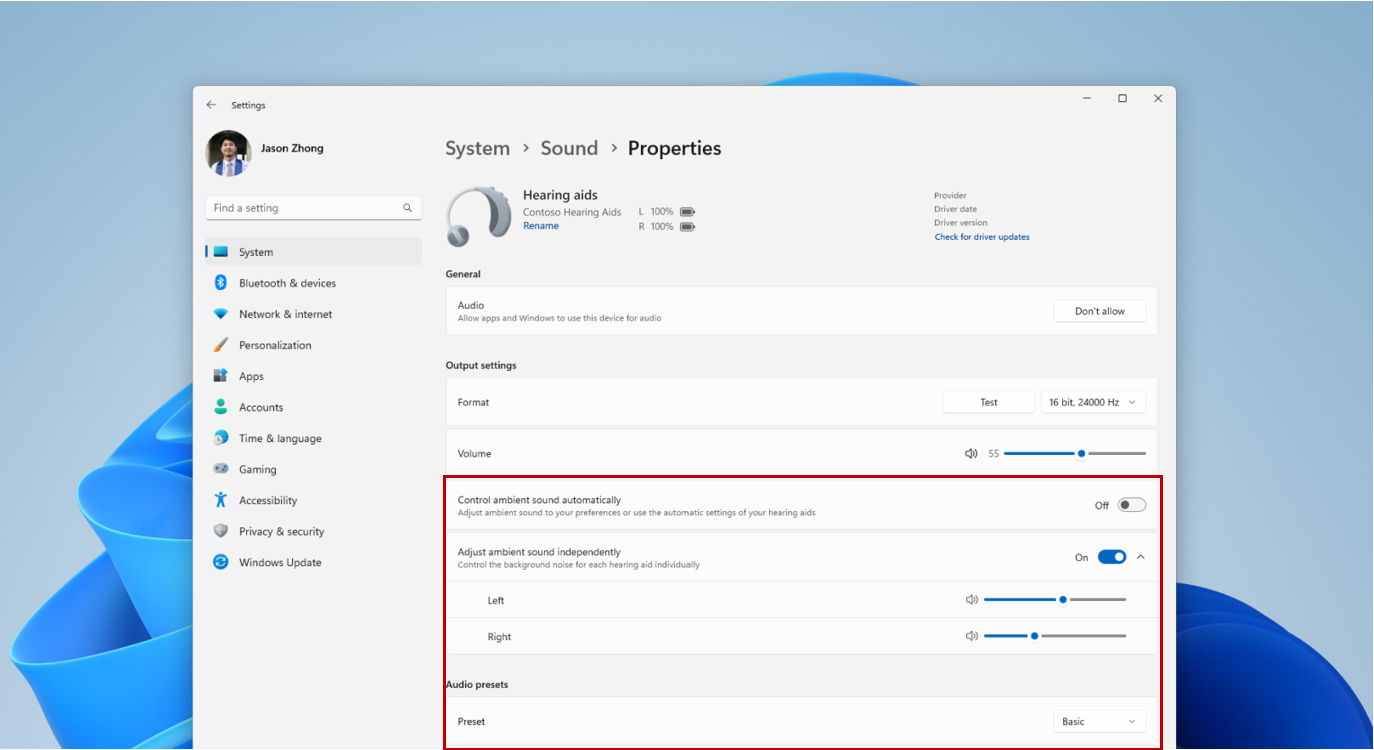 Screenshot of Windows 11 hearing aids settings
