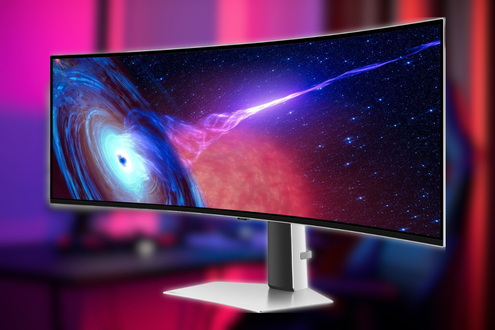 SAMSUNG 49-inch Odyssey G93SC Series OLED Curved Gaming Monitor on blurred background
