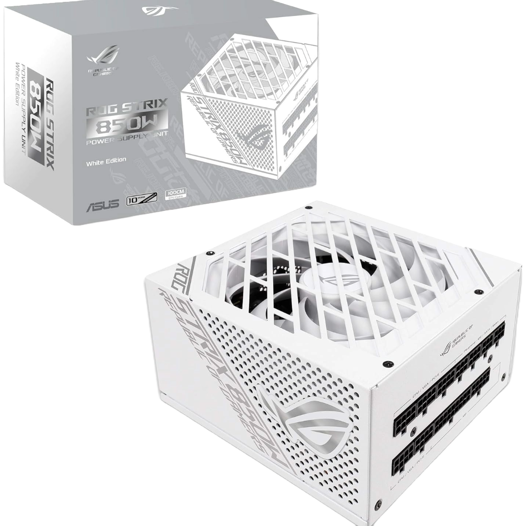 A render of the ASUS ROG Strix 850W white edition power supply with the box featured in the background.