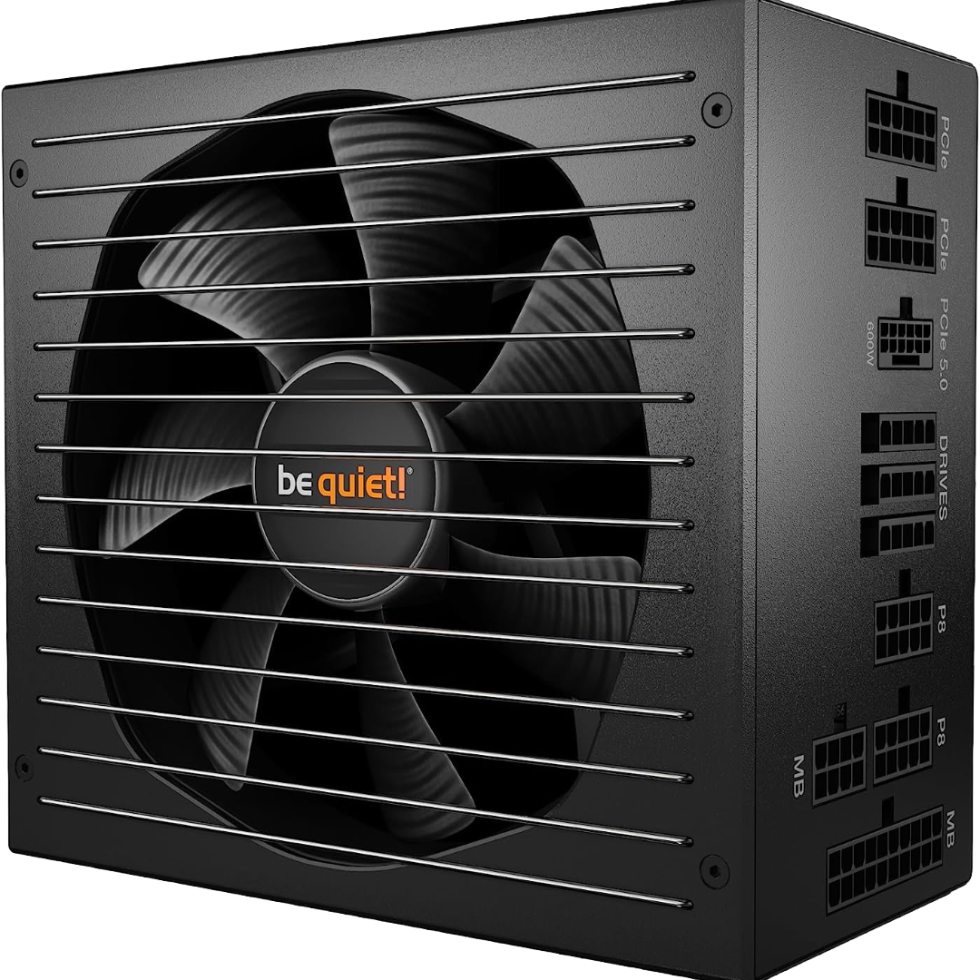 A render of the BN515 Straight Power 12-850W power supply by be quiet! on a transparent background.