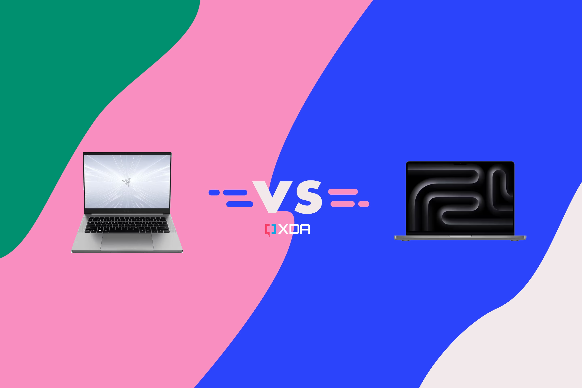 A vs background showing the Blade 14 (2024) vs the MacBook Pro M3 (2024). 
