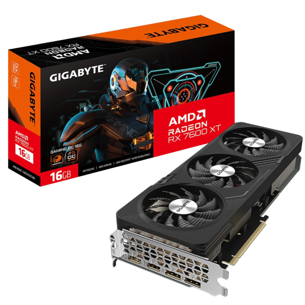 A transparent render of the Gigabyte RX 7600 XT graphics card