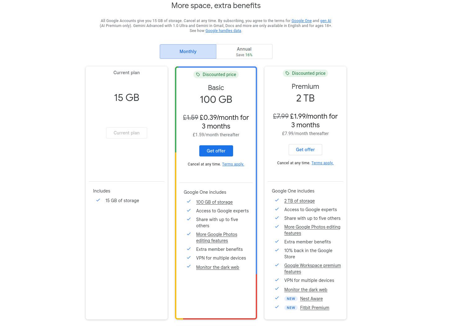 Precios de los planes de Google One