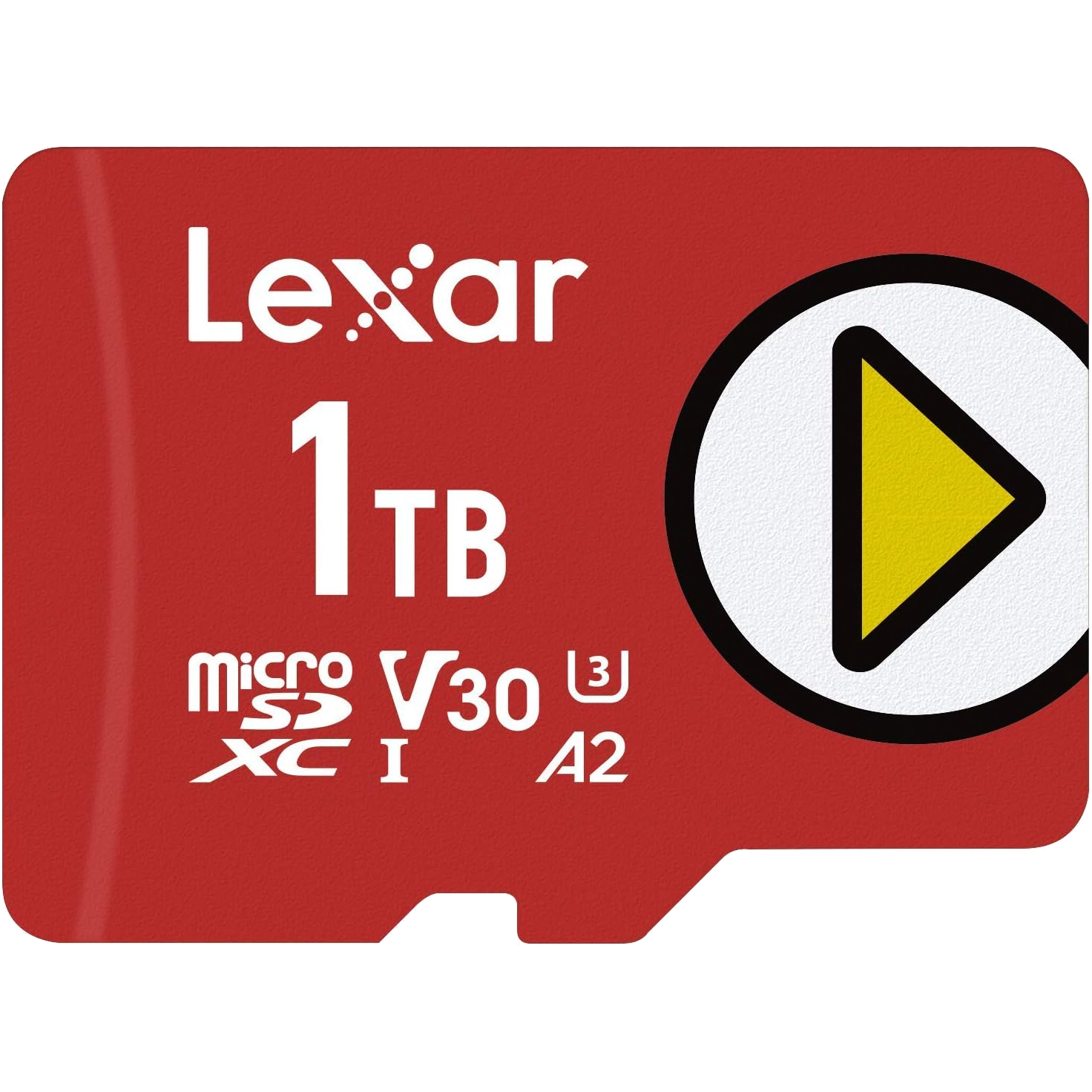 A red Lexar 1TB PLAY microSDXC Memory Card showing the capacity, logo, and varios specs badges.