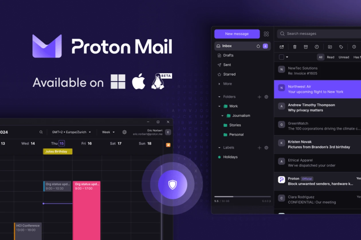 Proton Mail available on Windows, Mac, and Linux beta graphic