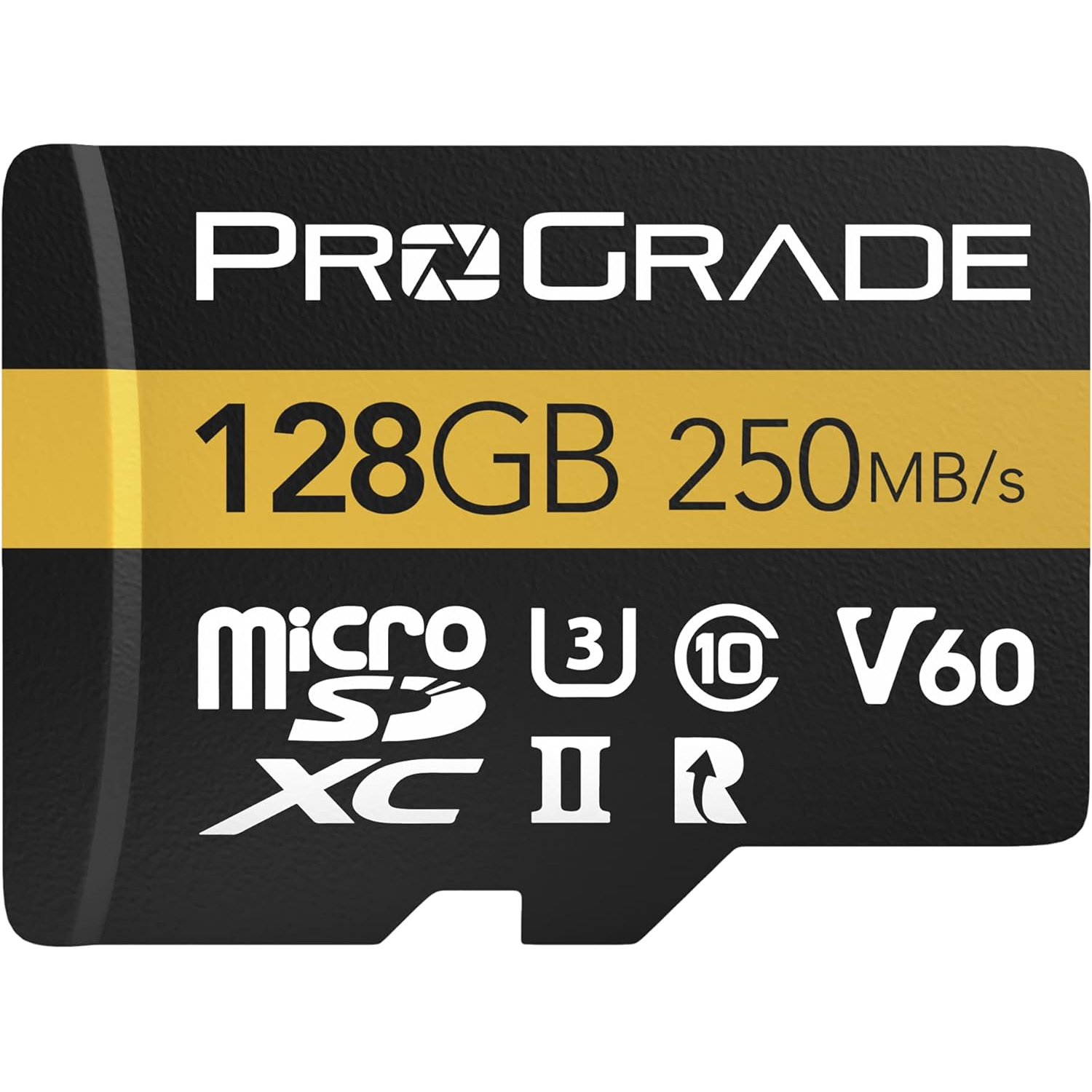 A ProGrade Digital microSD Memory Card 128GB seen from the front.