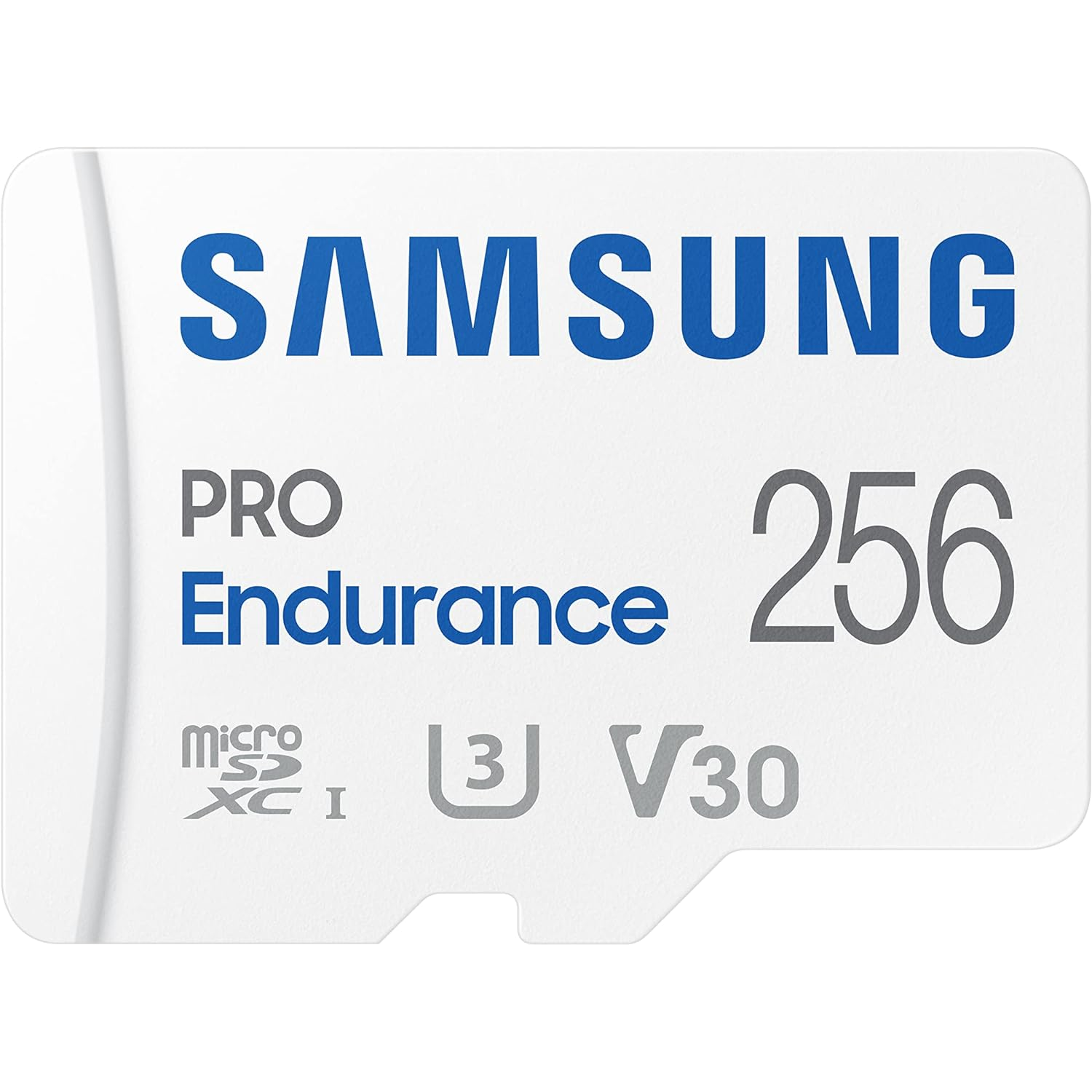 Una tarjeta de memoria MicroSDXC SAMSUNG PRO Endurance de 256 GB vista desde el frente.