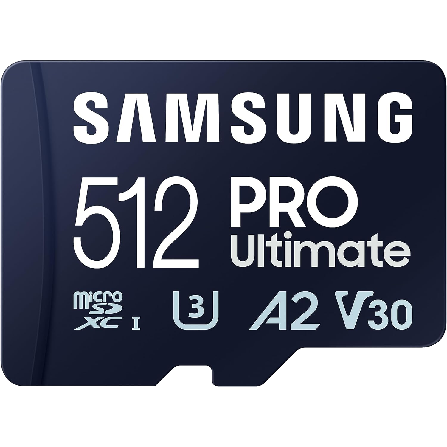 Una tarjeta de memoria microSD SAMSUNG PRO Ultimate vista desde el frente.