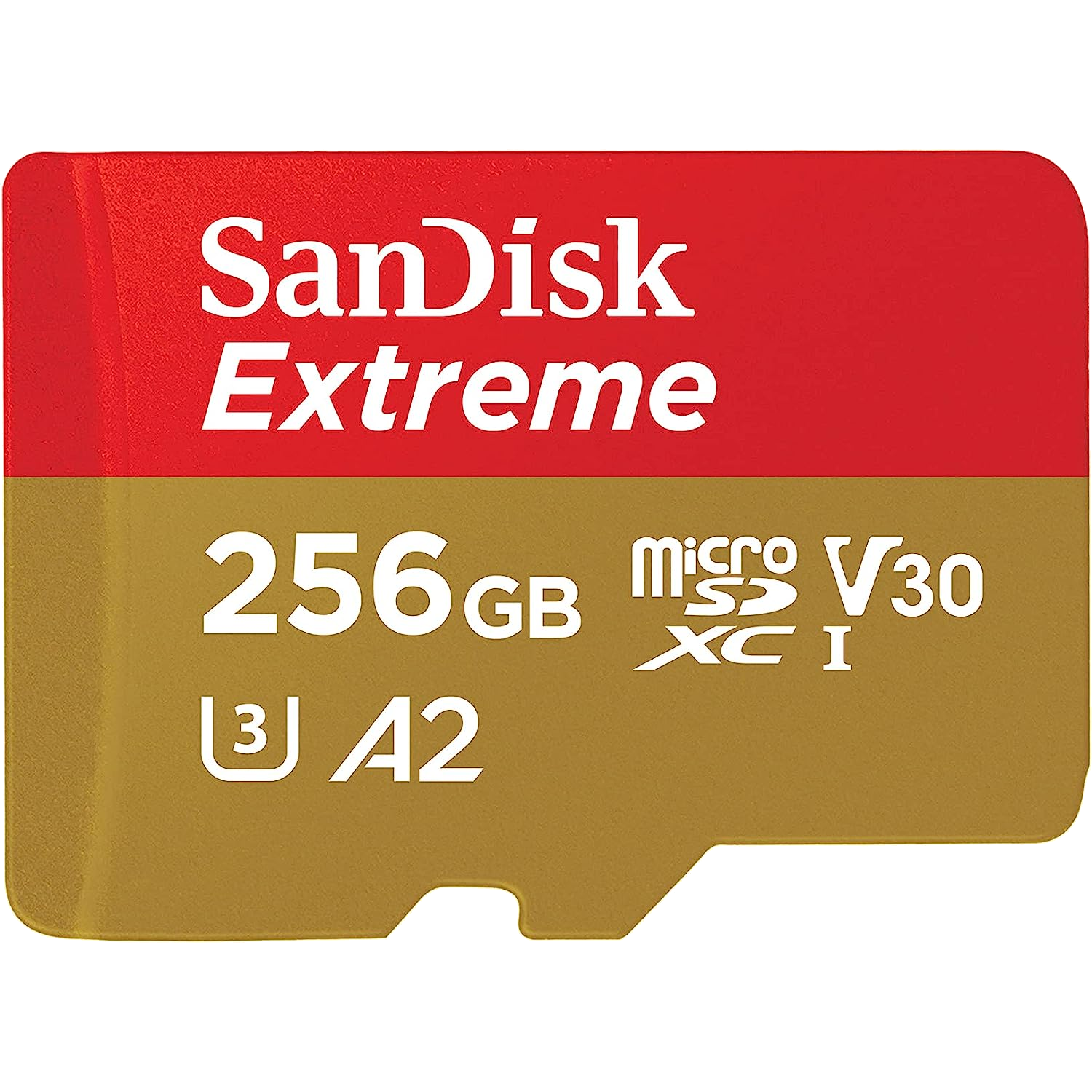 Una tarjeta de memoria SanDisk Extreme microSDXC UHS-I de 256 GB vista desde el frente.