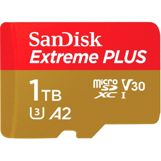 Una tarjeta de memoria SanDisk - Extreme PLUS 1TB microSDXC UHS-I vista desde el frente.