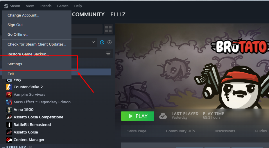 Screenshot showing where to access settings in the Steam Client.