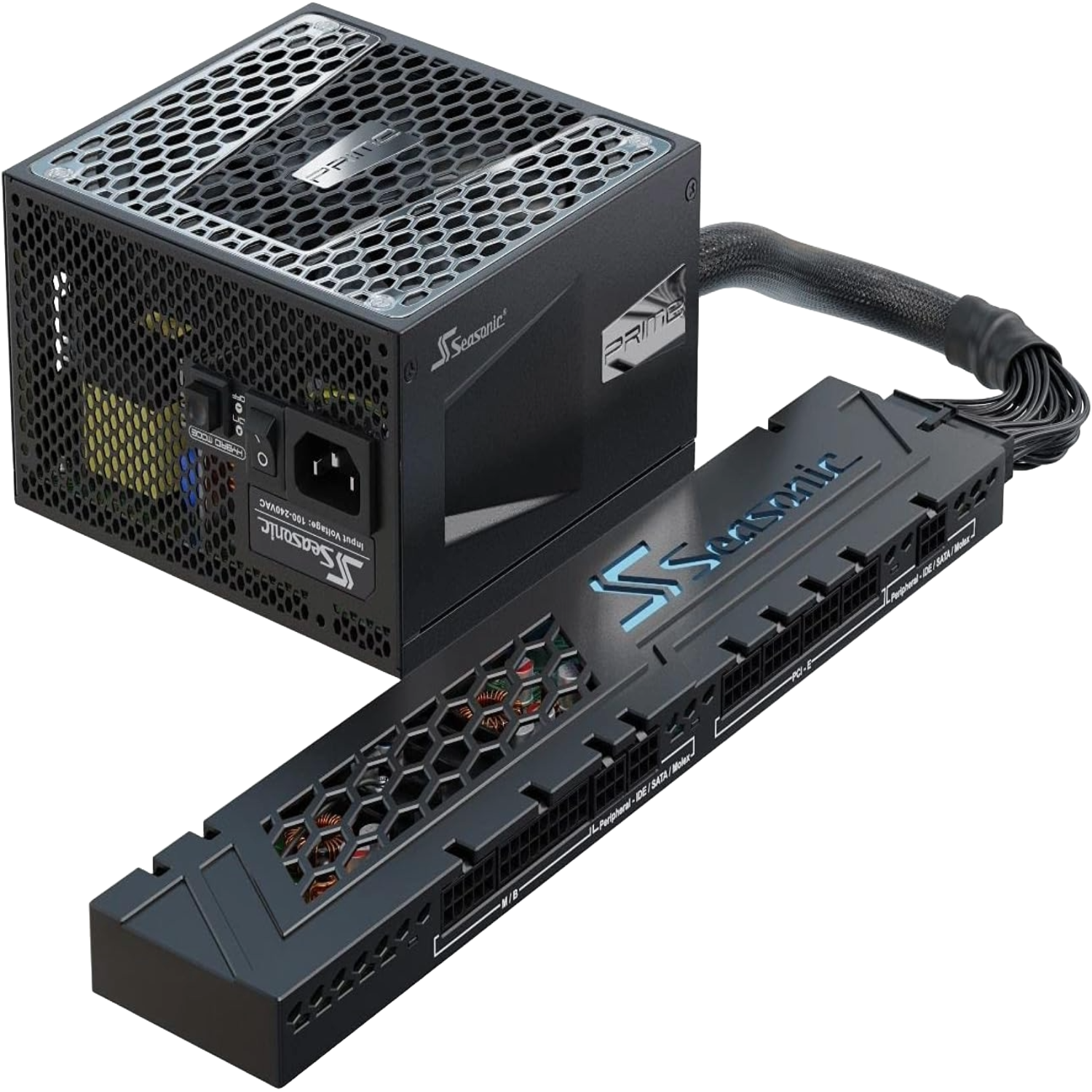 A render of the SeaSonic Connect Comprise Prime 750 power supply on a transparent background.