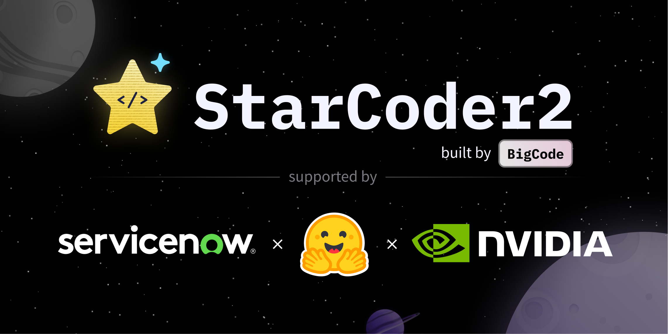 The StarCoder2 banner, showing Service Now, Hugging Face, and Nvidia