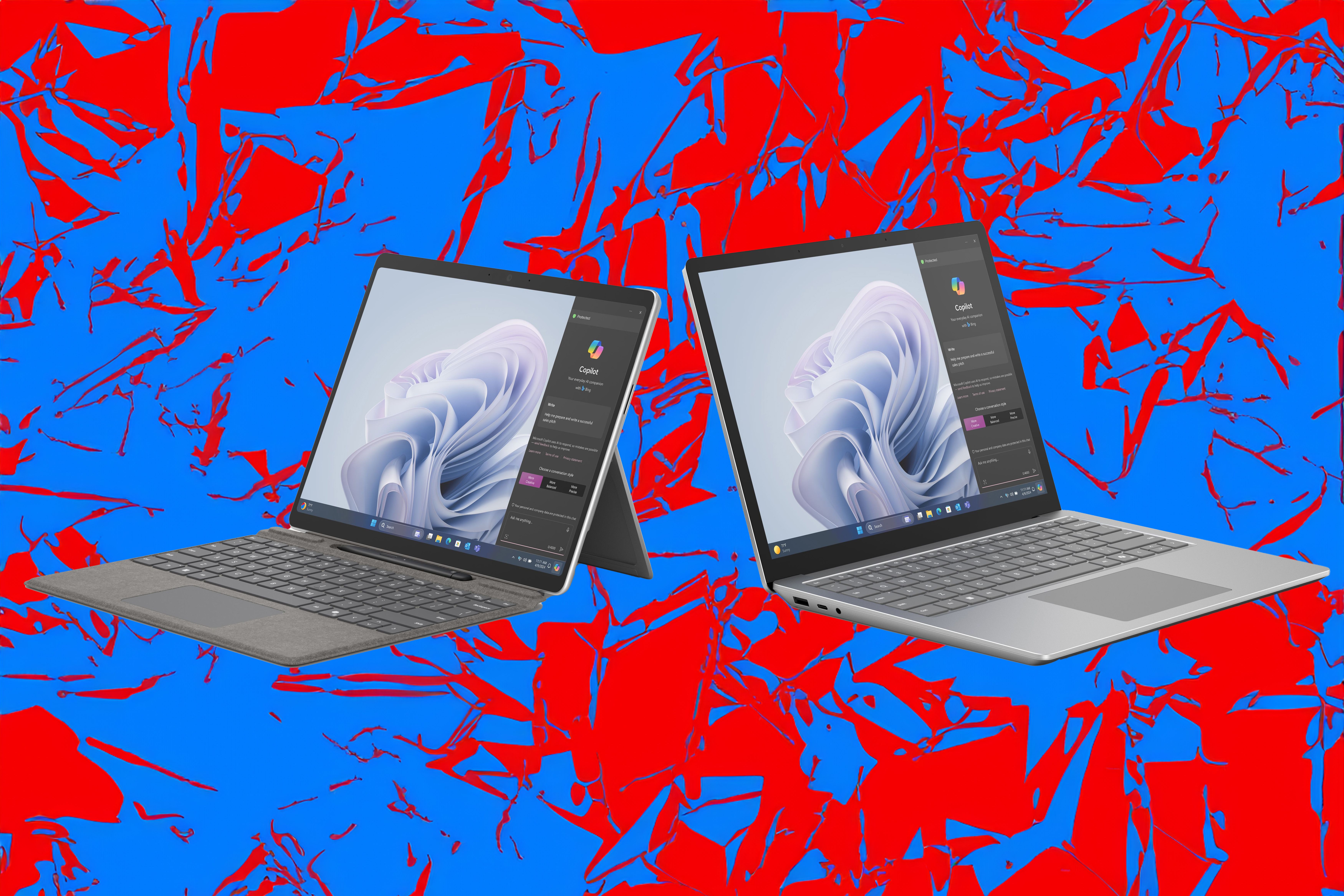 Surface Pro 10 and Laptop 6 for Business over a blue and red background