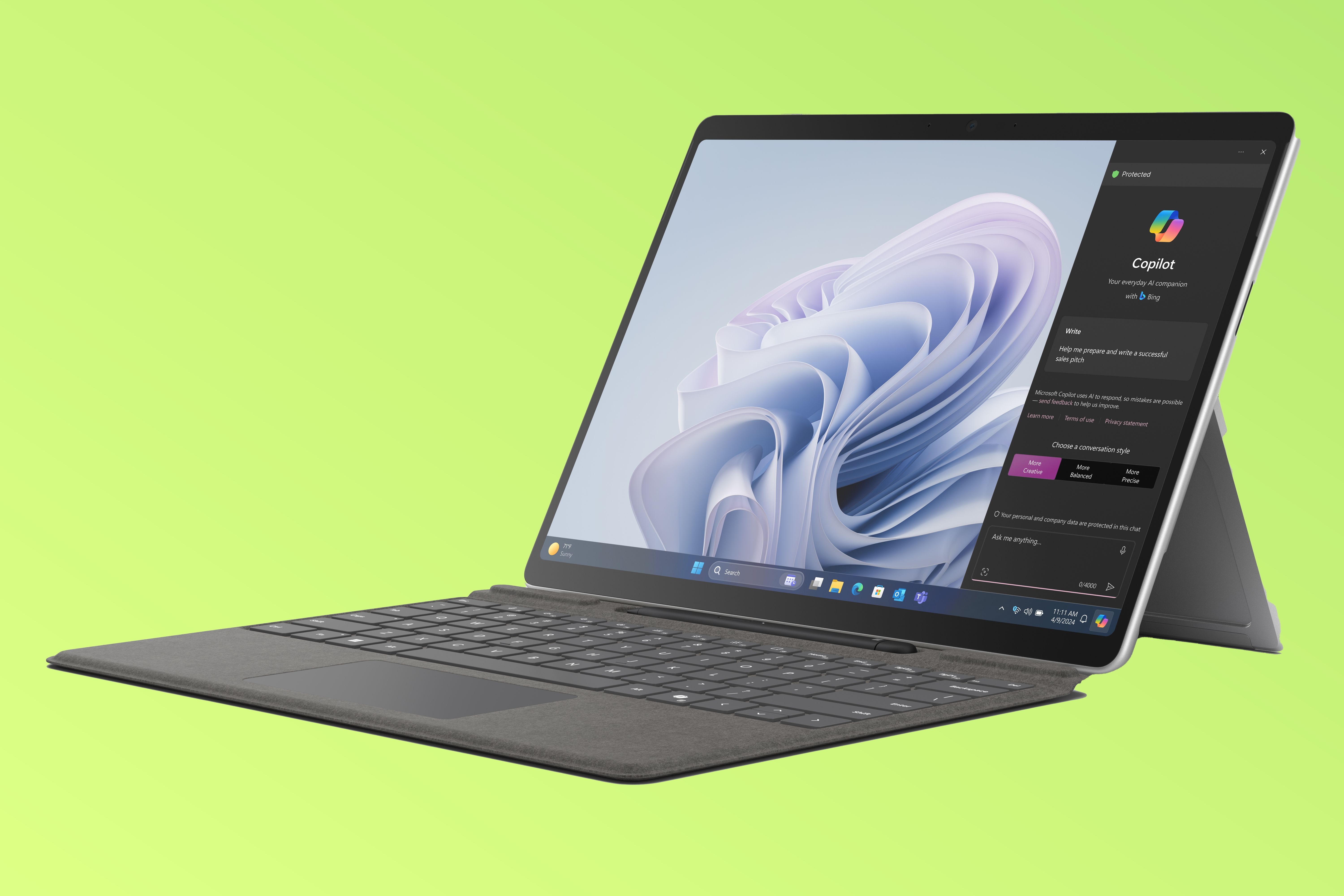Surface Pro 10 for Business with a Type Cover over a green gradient background