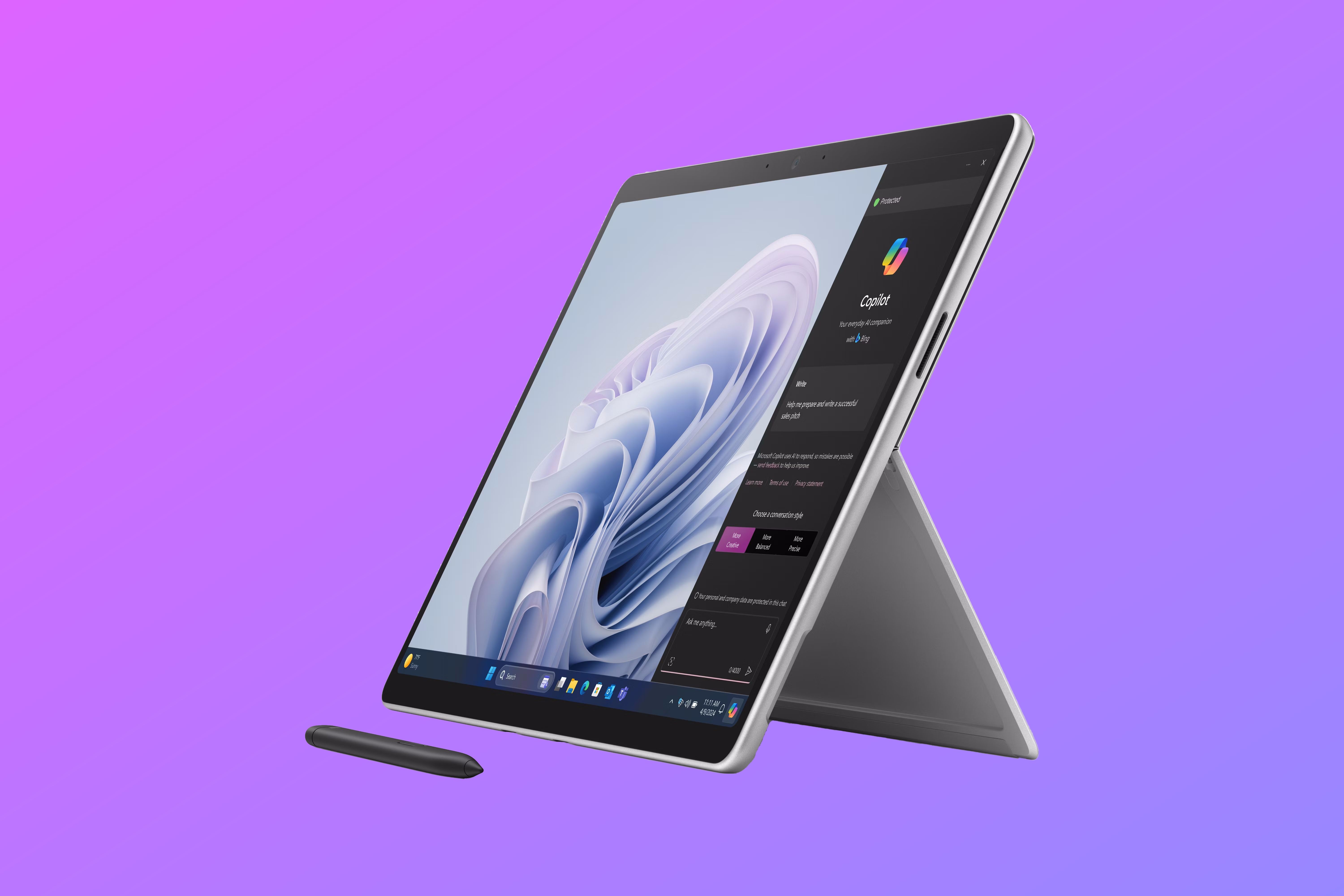 Surface Pro 10 for Business in Tablet Mode over a gradient purple background