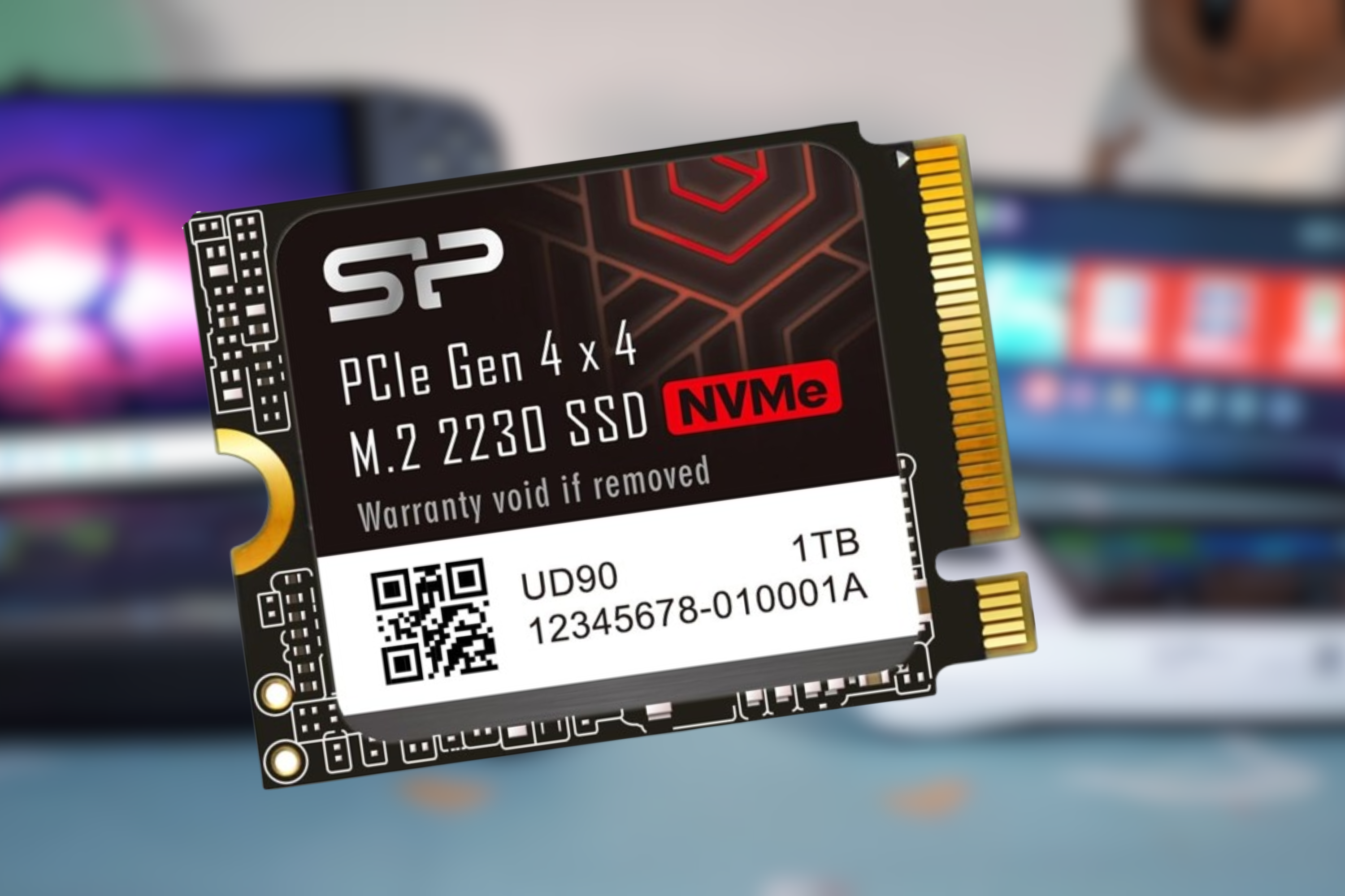 Silicon Power 1TB UD90 2230 NVMe 4.0 Gen4 PCIe M.2 SSD on blurred background 