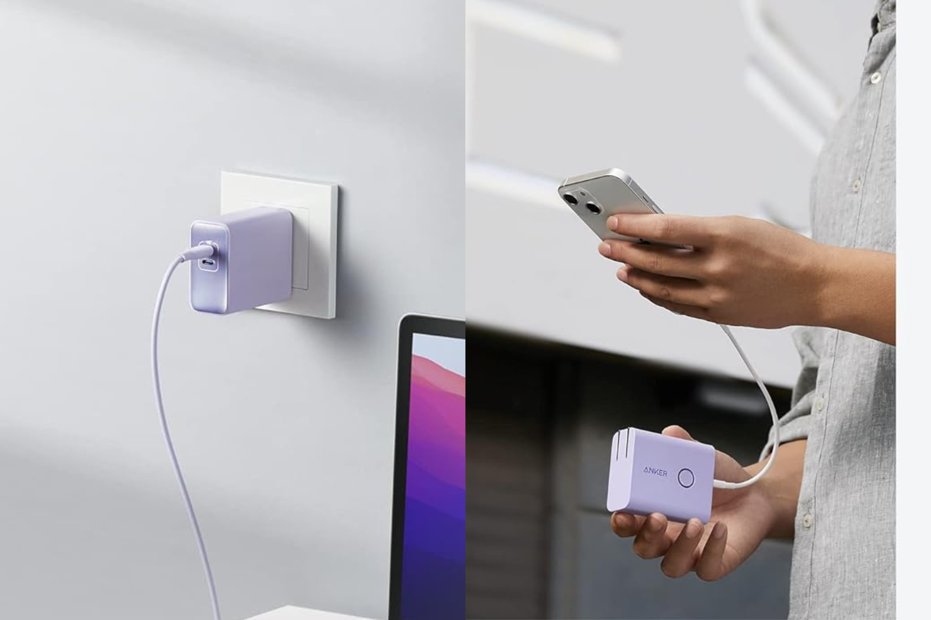 Anker 45W Wall Charger with 5,000 mAh 20W Portable Charger in wall and in hand