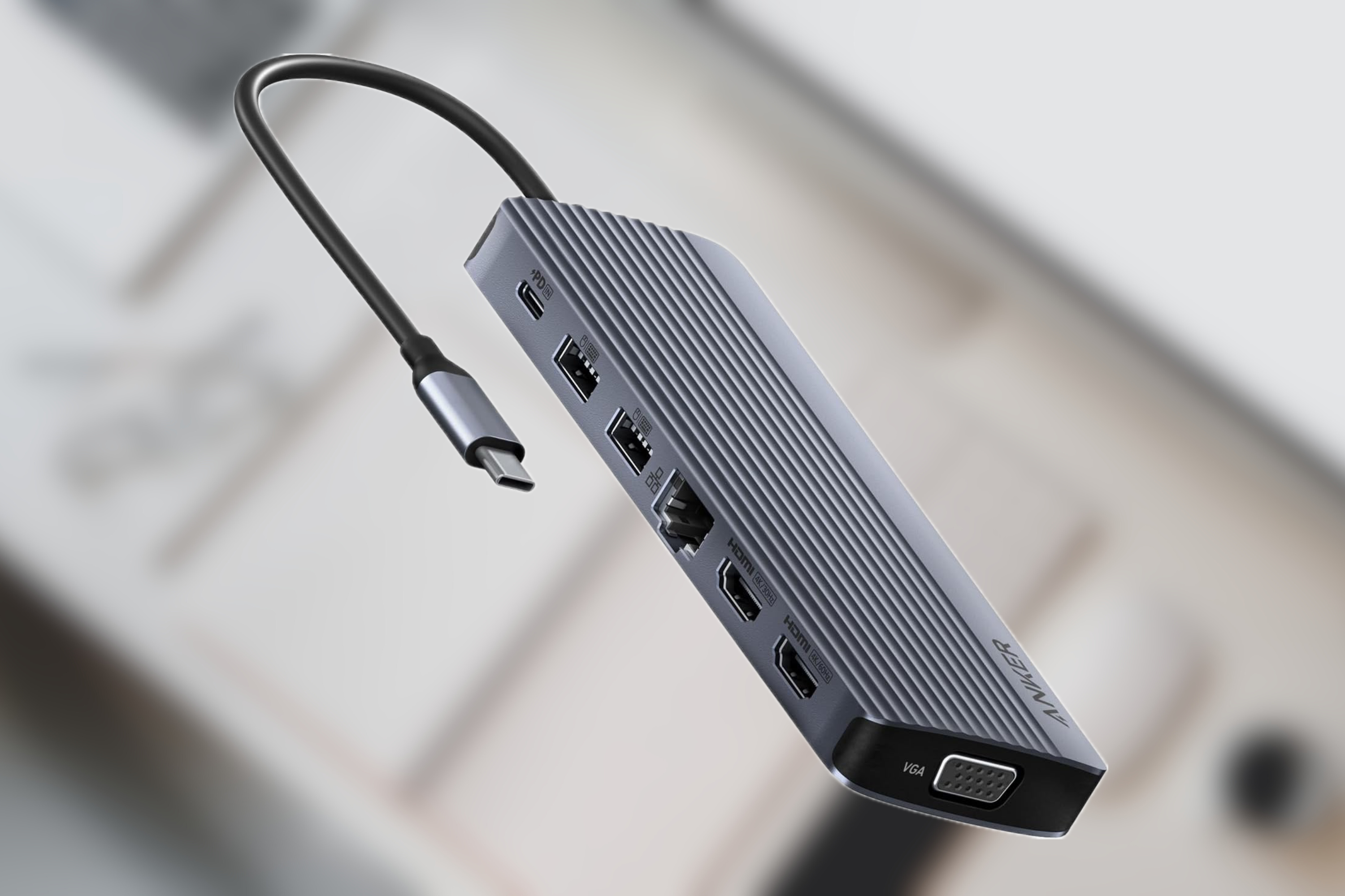 Anker 14-in-1 USB-C Hub on blurred background