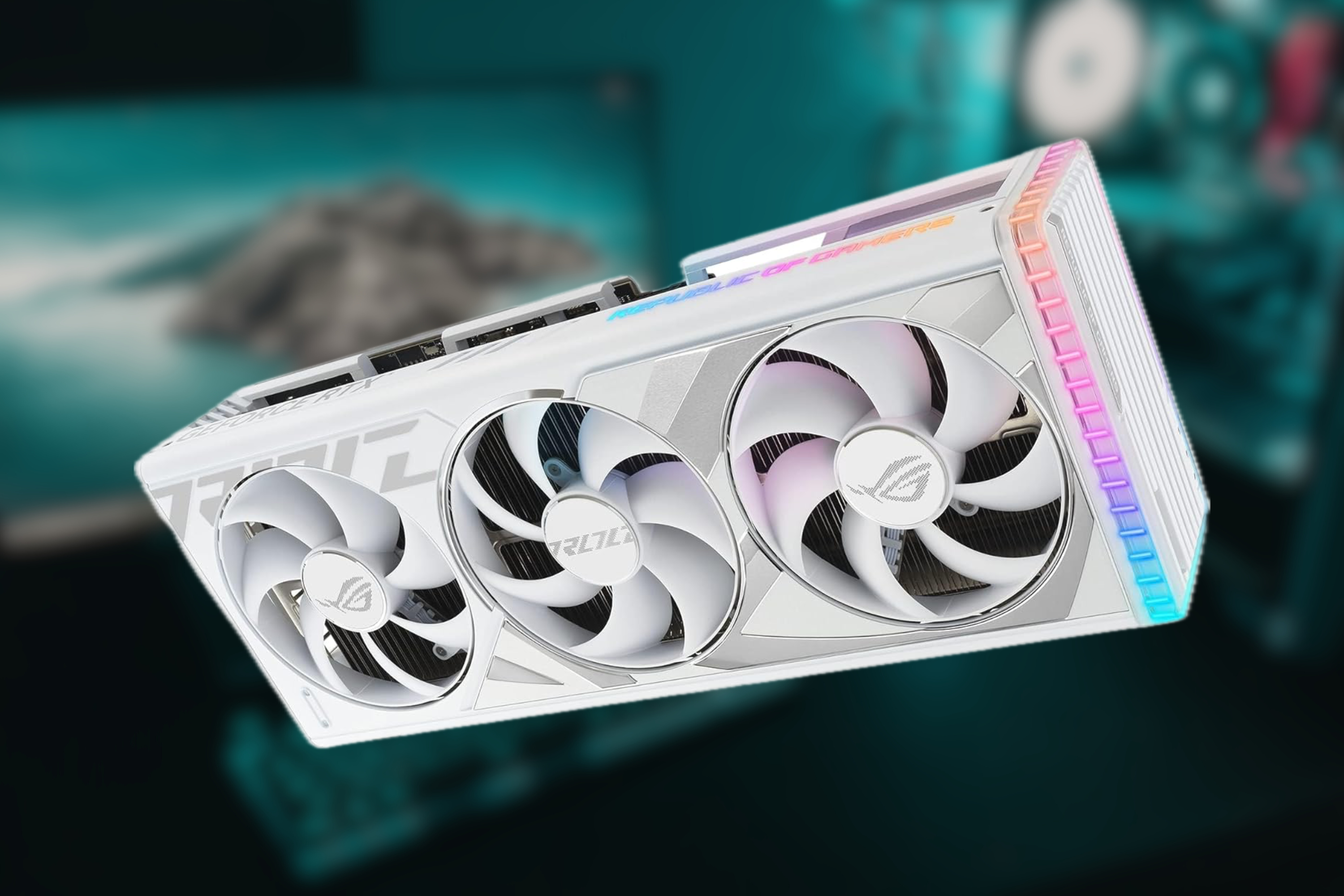 ASUS ROG Strix GeForce RTX 4090 White OC Edition Gaming Graphics Card on blurred background