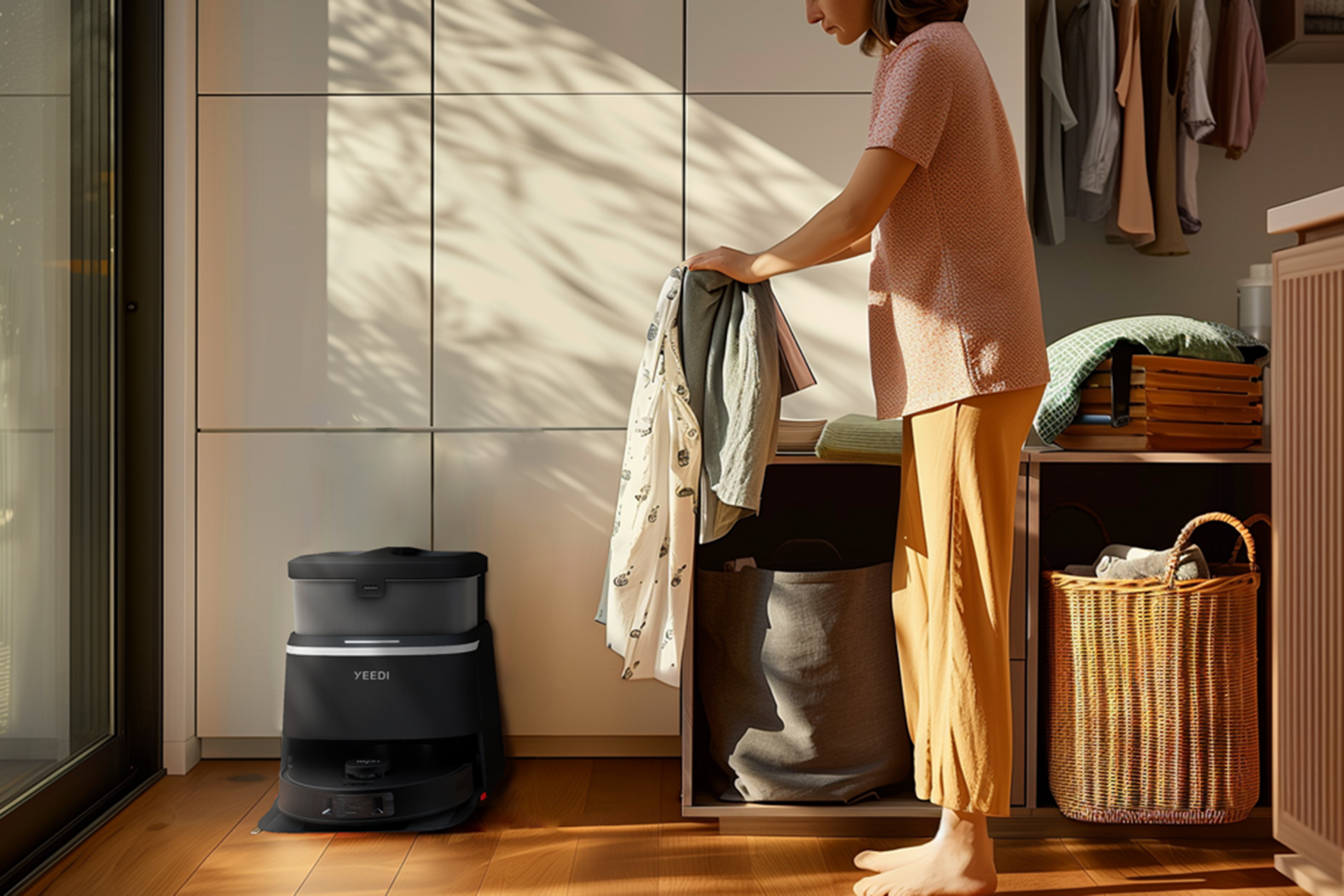 A woman organizes laundry beside her robot vacuum