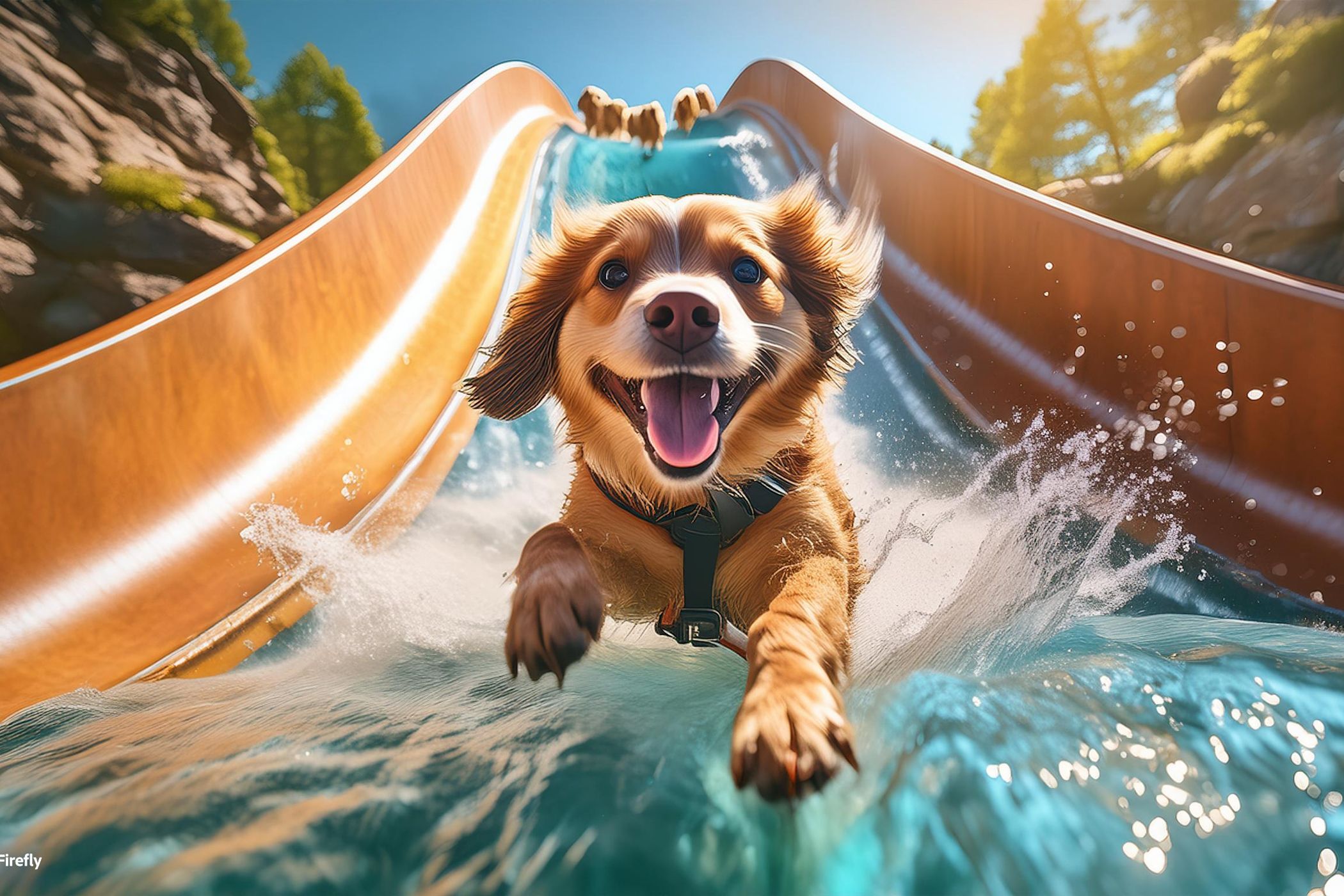 An Adobe Firefly Image 3 image of a dog on a waterslide