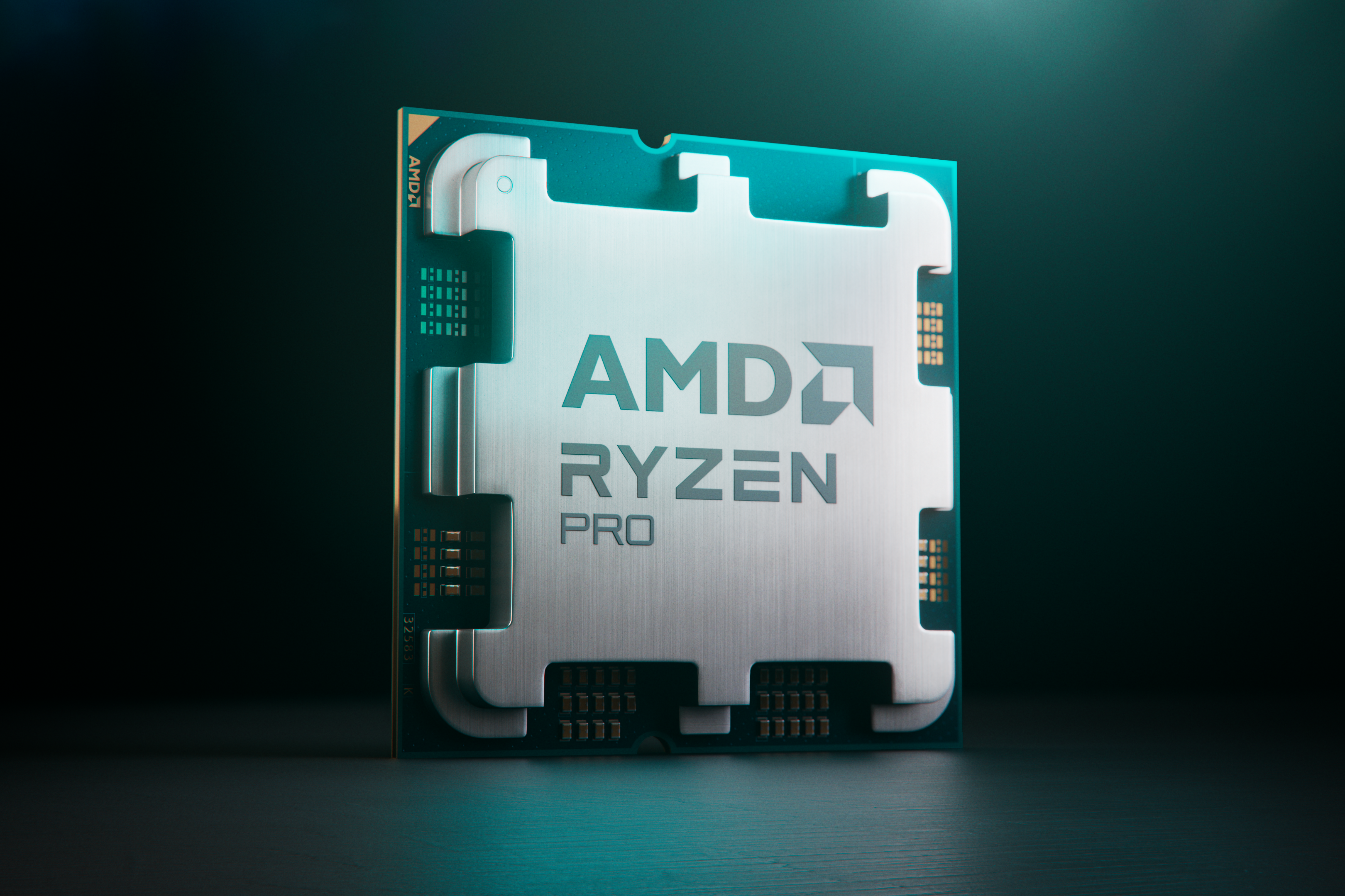 An AMD Ryzen Pro 8000 processor on a dark background with a teal light