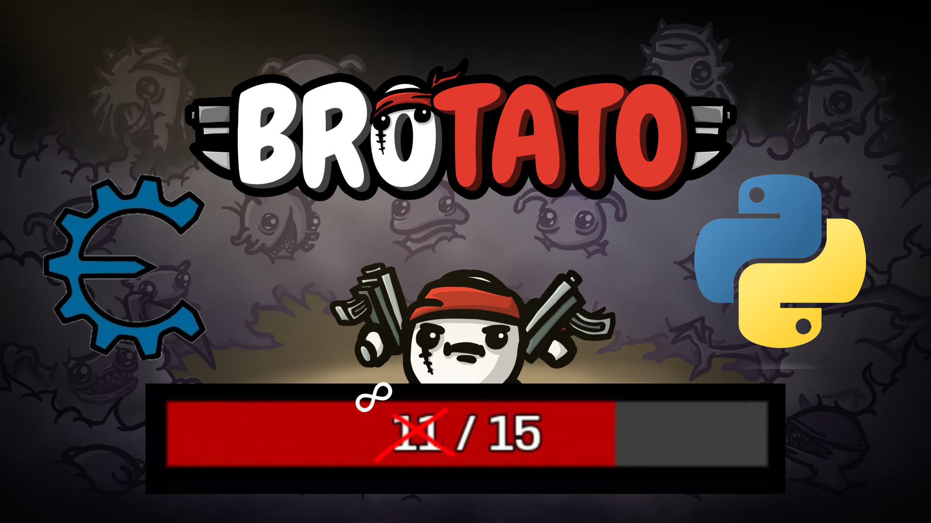 Brotato home screen with a health bar showing infinite health, cheat engine, and Python