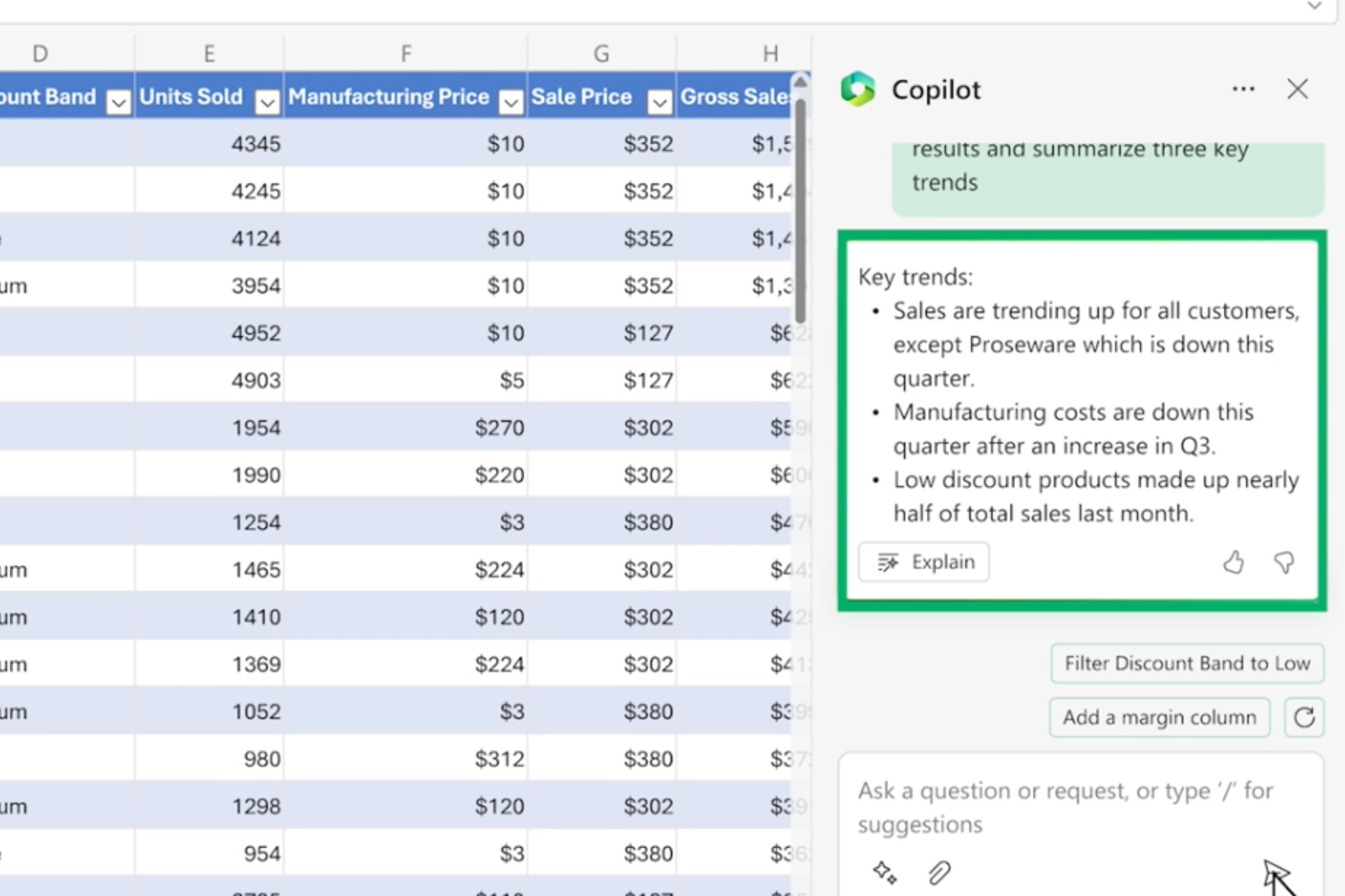 Copiloto sacando conclusiones a partir de datos de Excel.