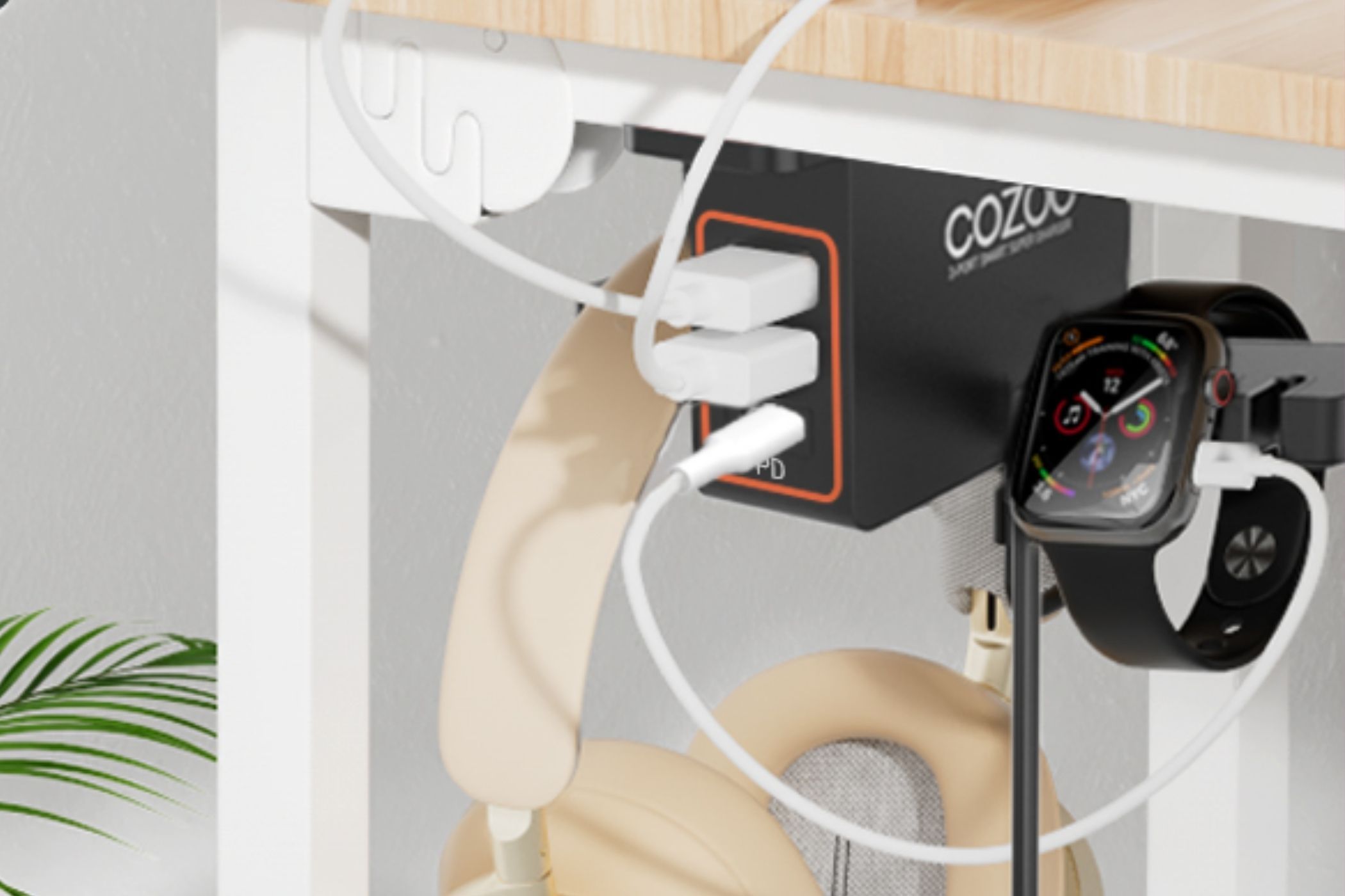 На изображении показана подставка для наушников COZOO с зарядным устройством USB.