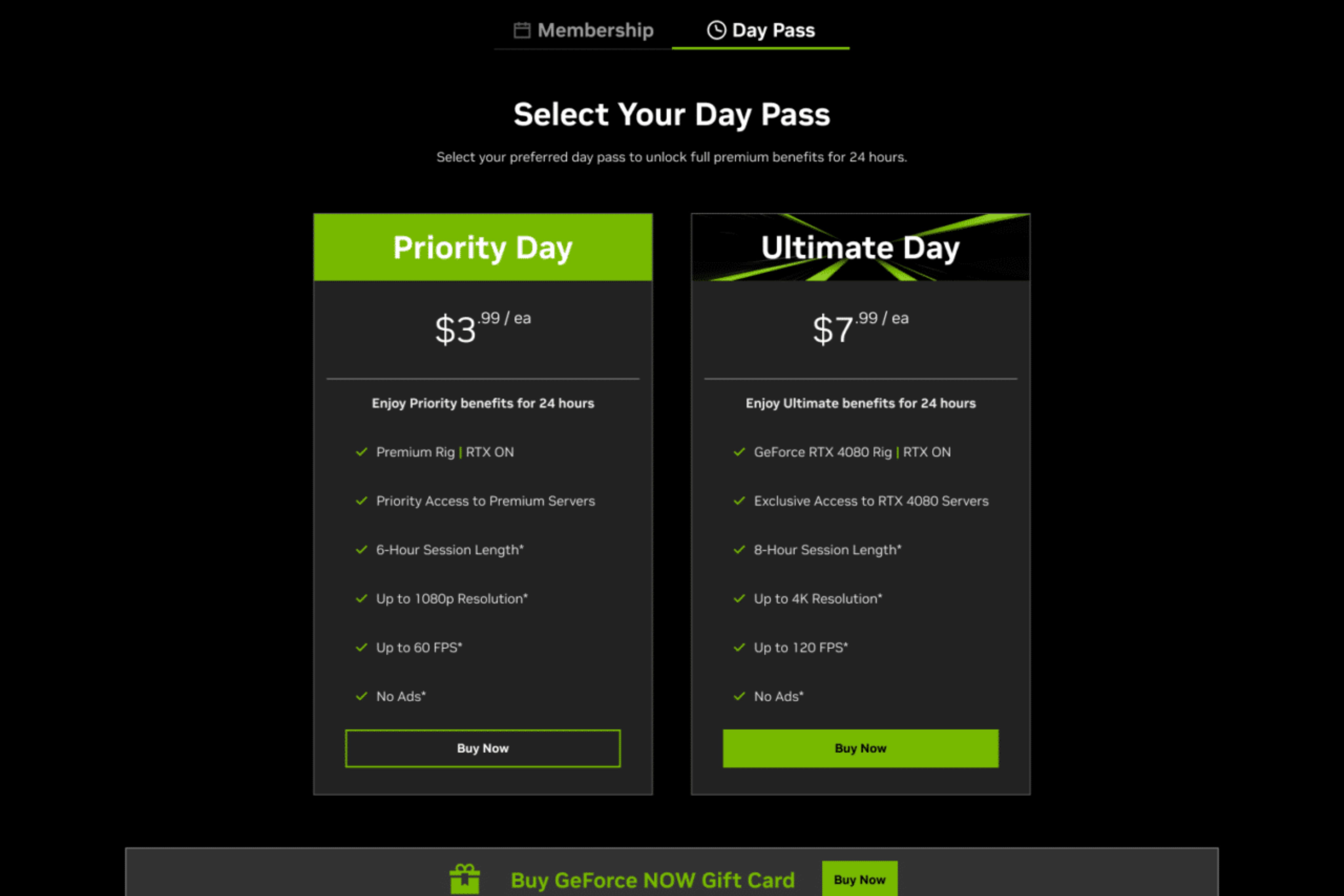 The day pass pricing of GeForce Now.