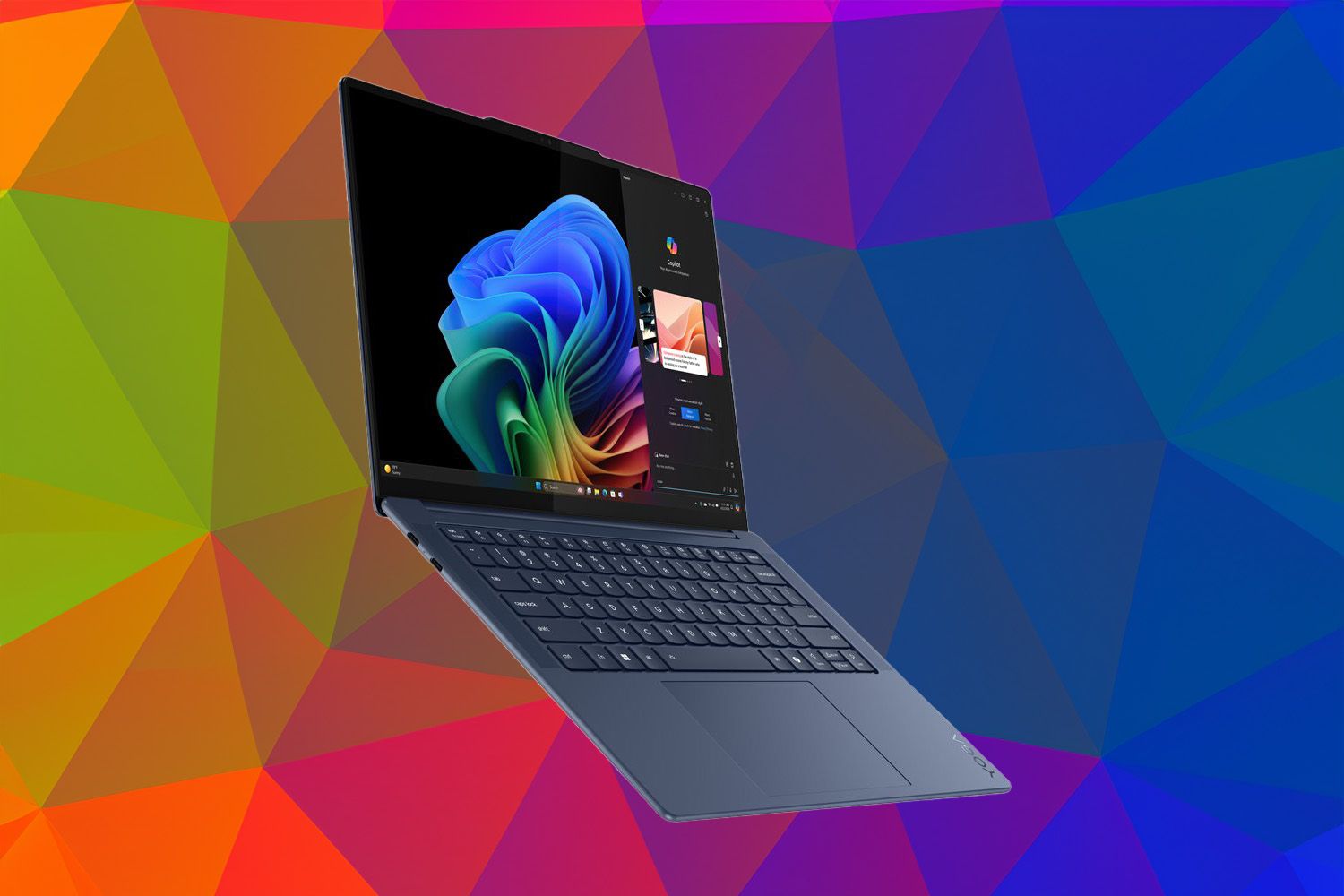 Angled side view of the Lenovo Yoga Slim 7 14 Snapdragon Edition over a colorful polygon background