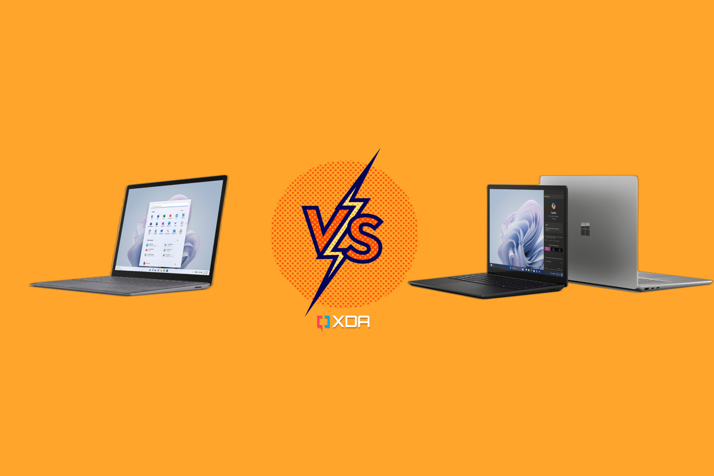 an orange background with the Surface Laptop 5 to the left and a Surface Laptop 6 for Business to the right, with a Vs logo in the middle