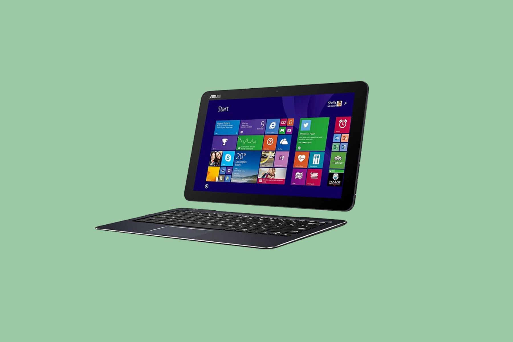 Un Asus Transformer Book T300 Chi sobre un fondo verde