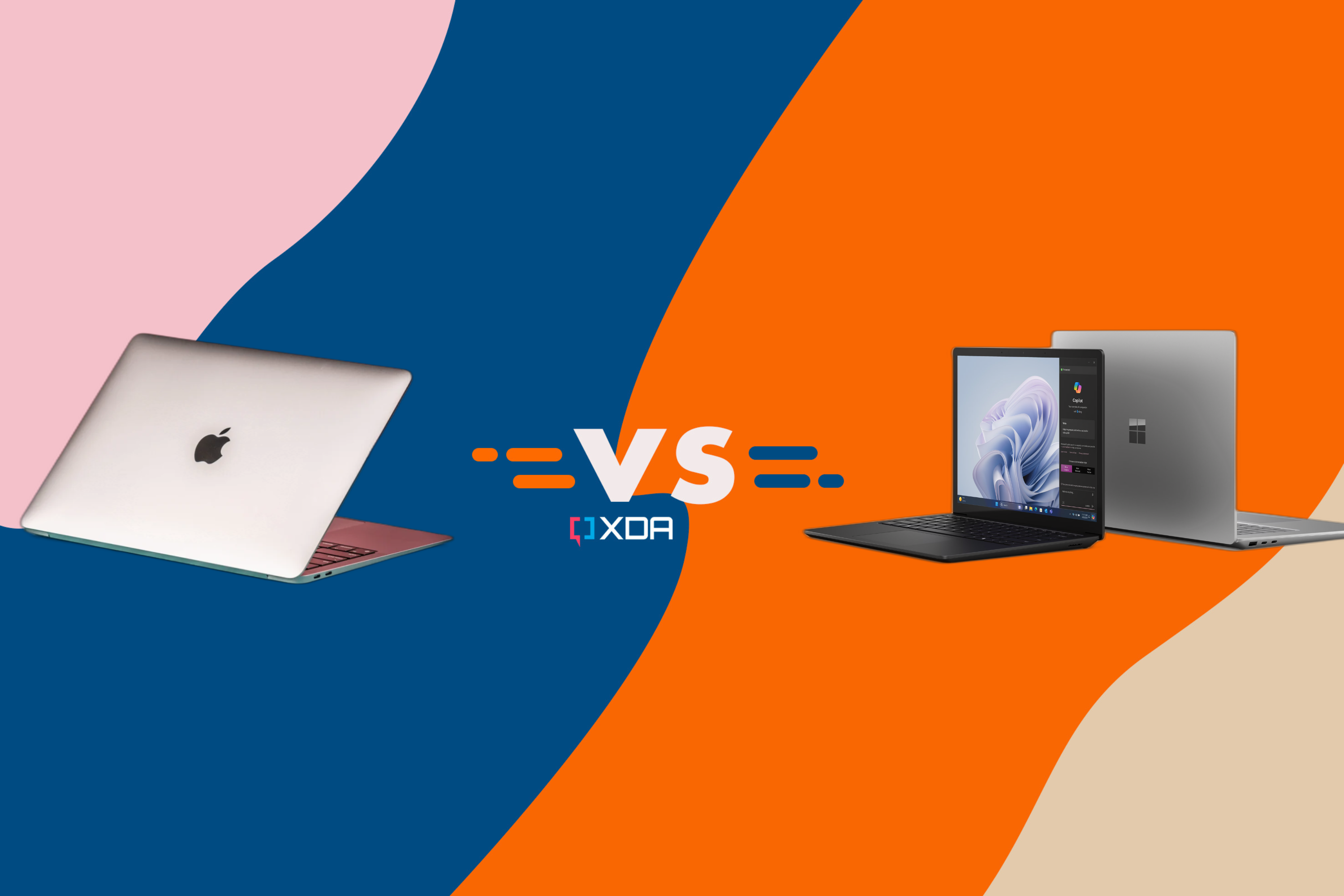 A Surface Laptop 6 for Business next to a Macbook Air 2024 with a versus logo and colorful background