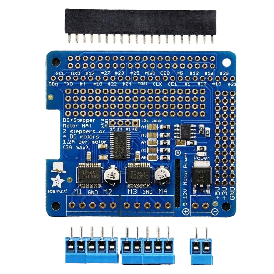 Una representación transparente del HAT del motor paso a paso y CC de Adafruit