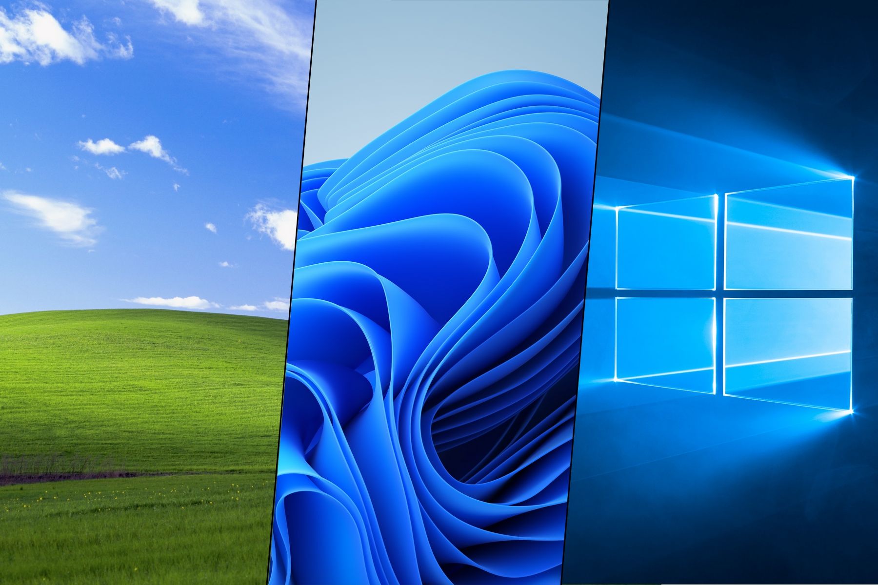 Wallpaper images from Windows XP, 11, and 10 shown side by side