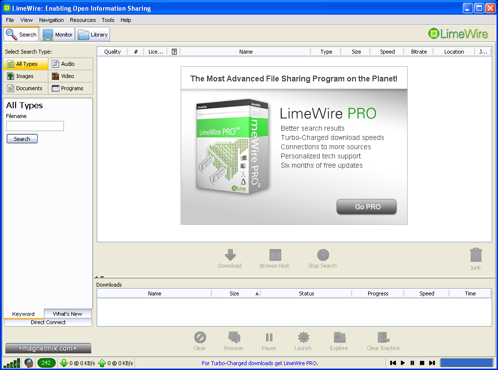 Captura de pantalla de LimeWire ejecutándose en Windows XP