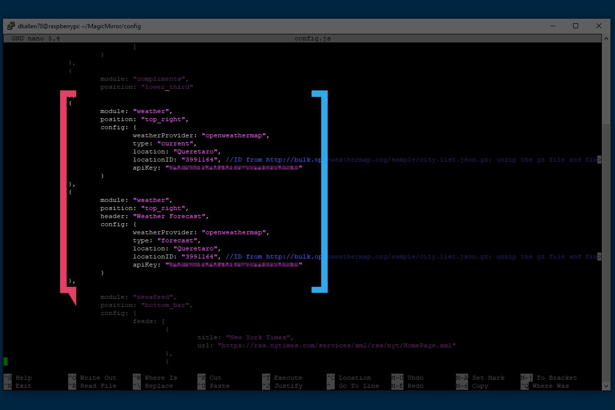 Archivo config.js de Magic Mirror que resalta el módulo meteorológico