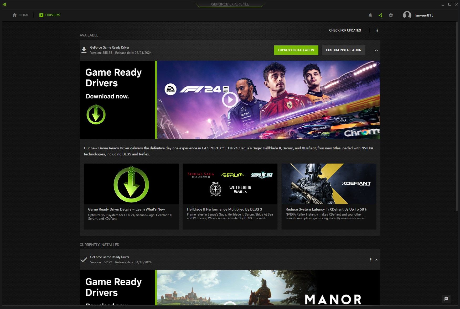 Captura de pantalla de Nvidia GeForce Experience que muestra un controlador Game Ready