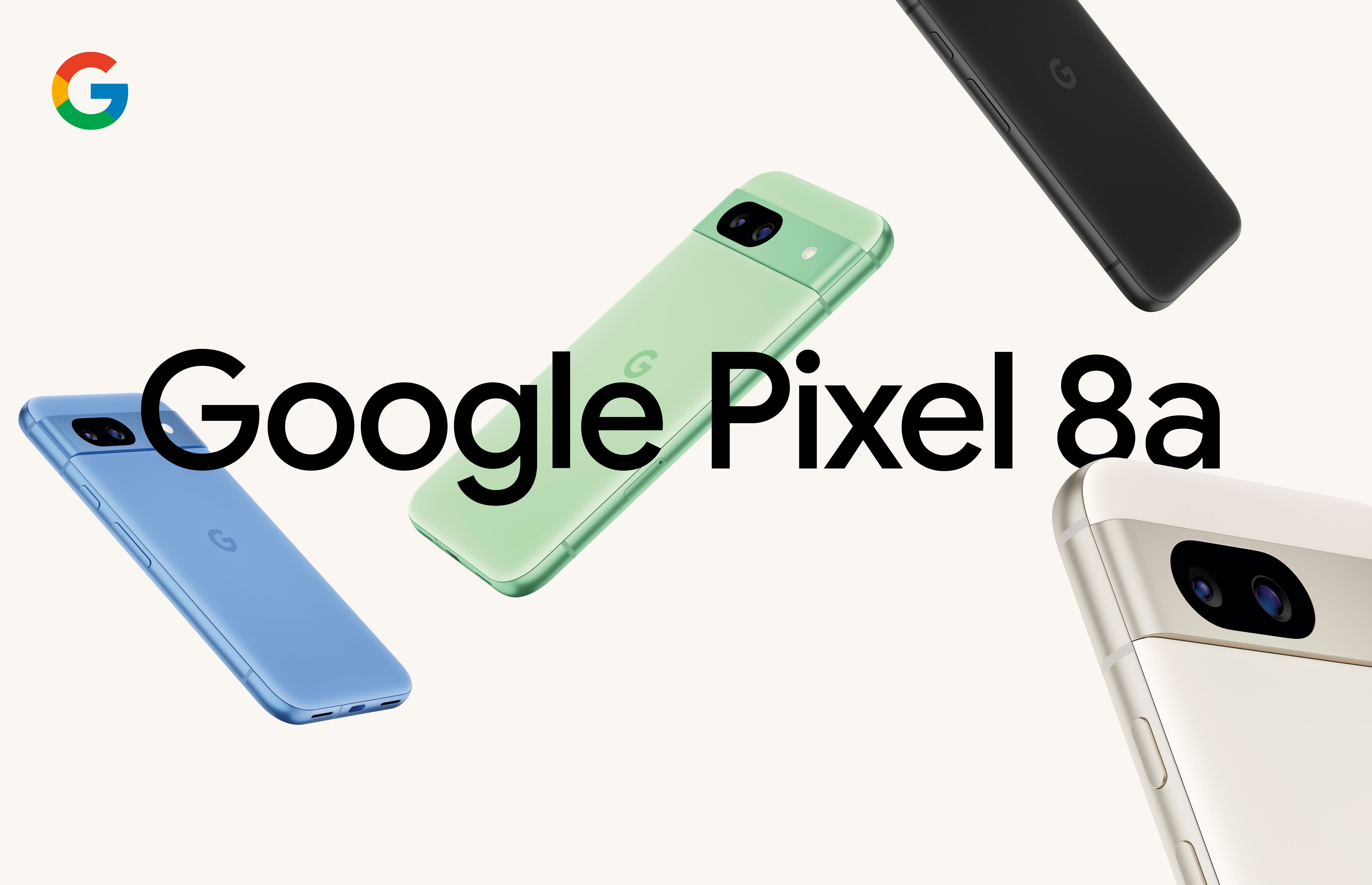 Logotipo denominativo de Google Pixel 8a con dispositivos de color verde, azul, negro y beige