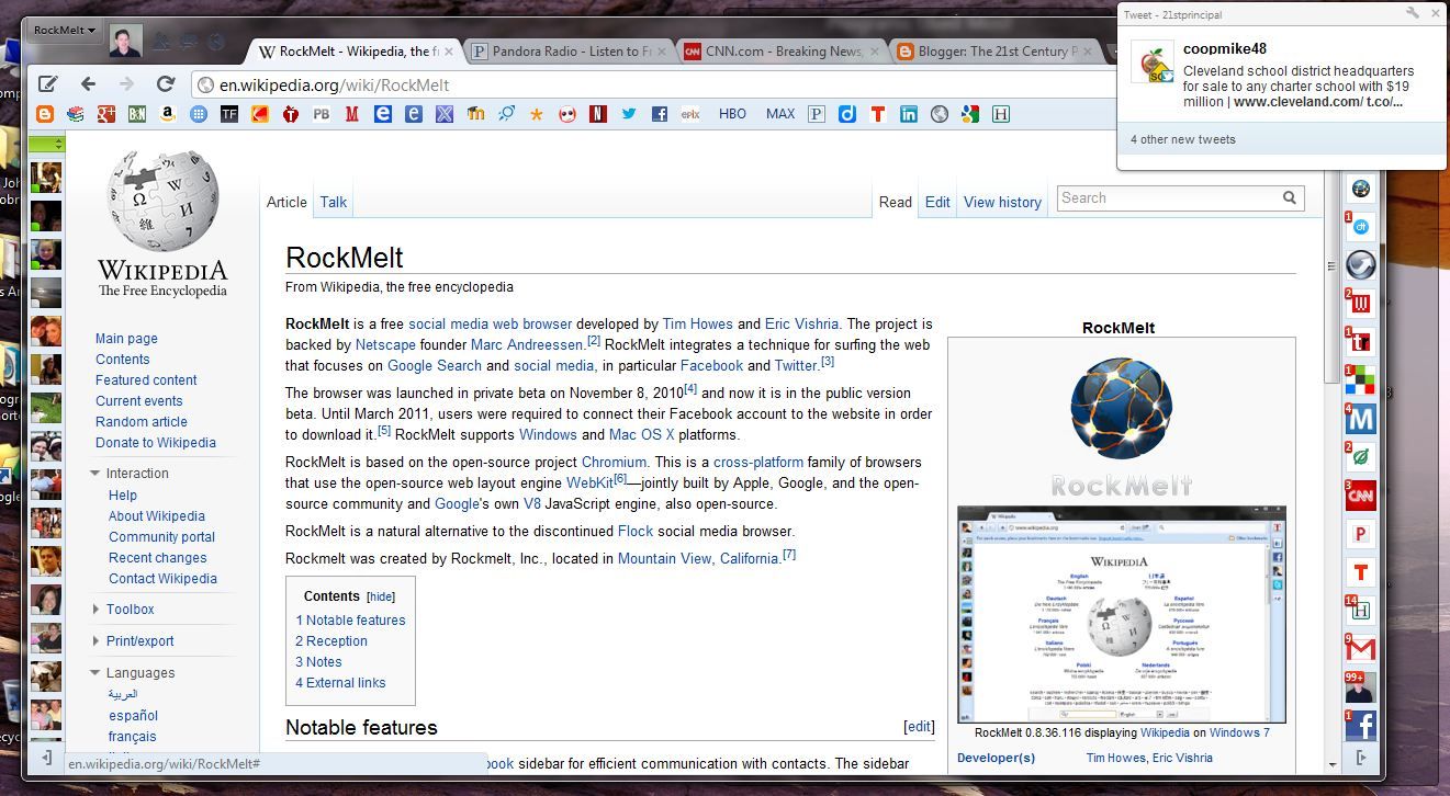 Una captura de pantalla del navegador Rockmelt que muestra una página de Wikipedia