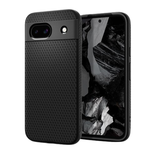 An image showing the render of the Spigen Liquid Air case installed on a Pixel 8a in black color.
