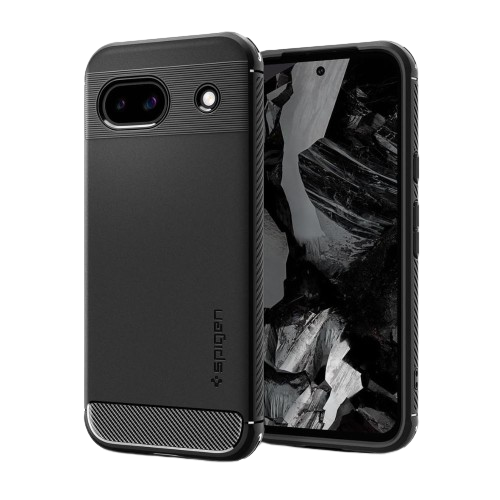 An image showing a render of the Spigen Rugged Armor for Pixel 8a in black color.