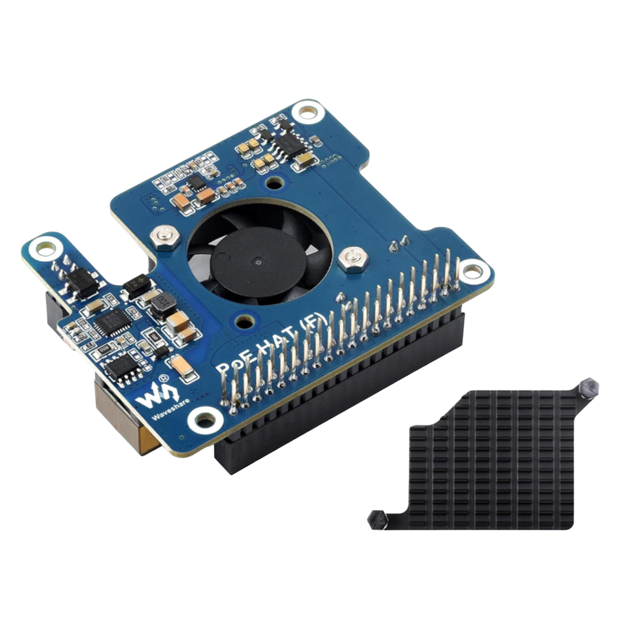 Una representación transparente de la placa POE HAT Waveshare de Wonrabai para Raspberry Pi