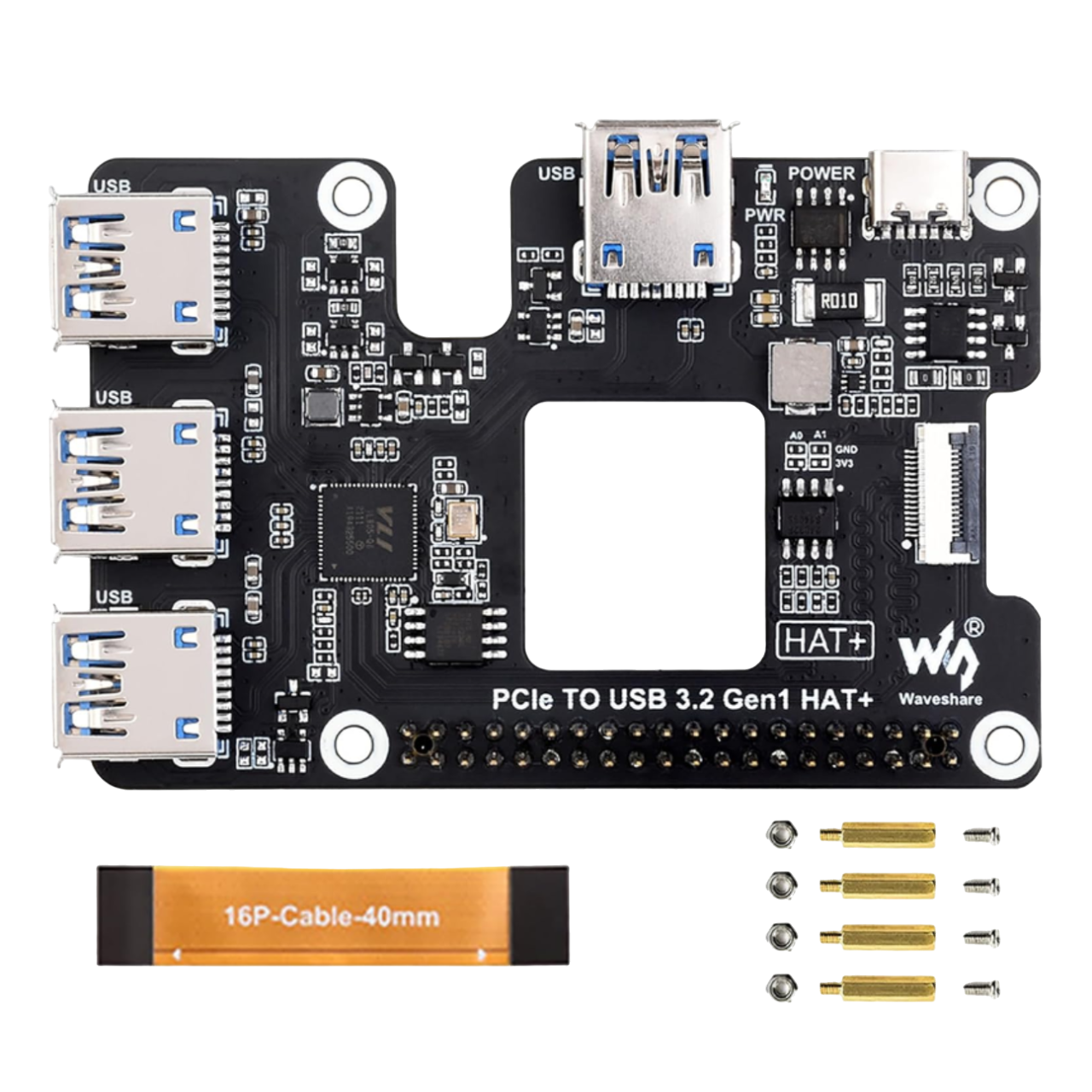 Una representación transparente del HAT PCIe a USB 3.2 Gen1 de Wonrabai Waveshare