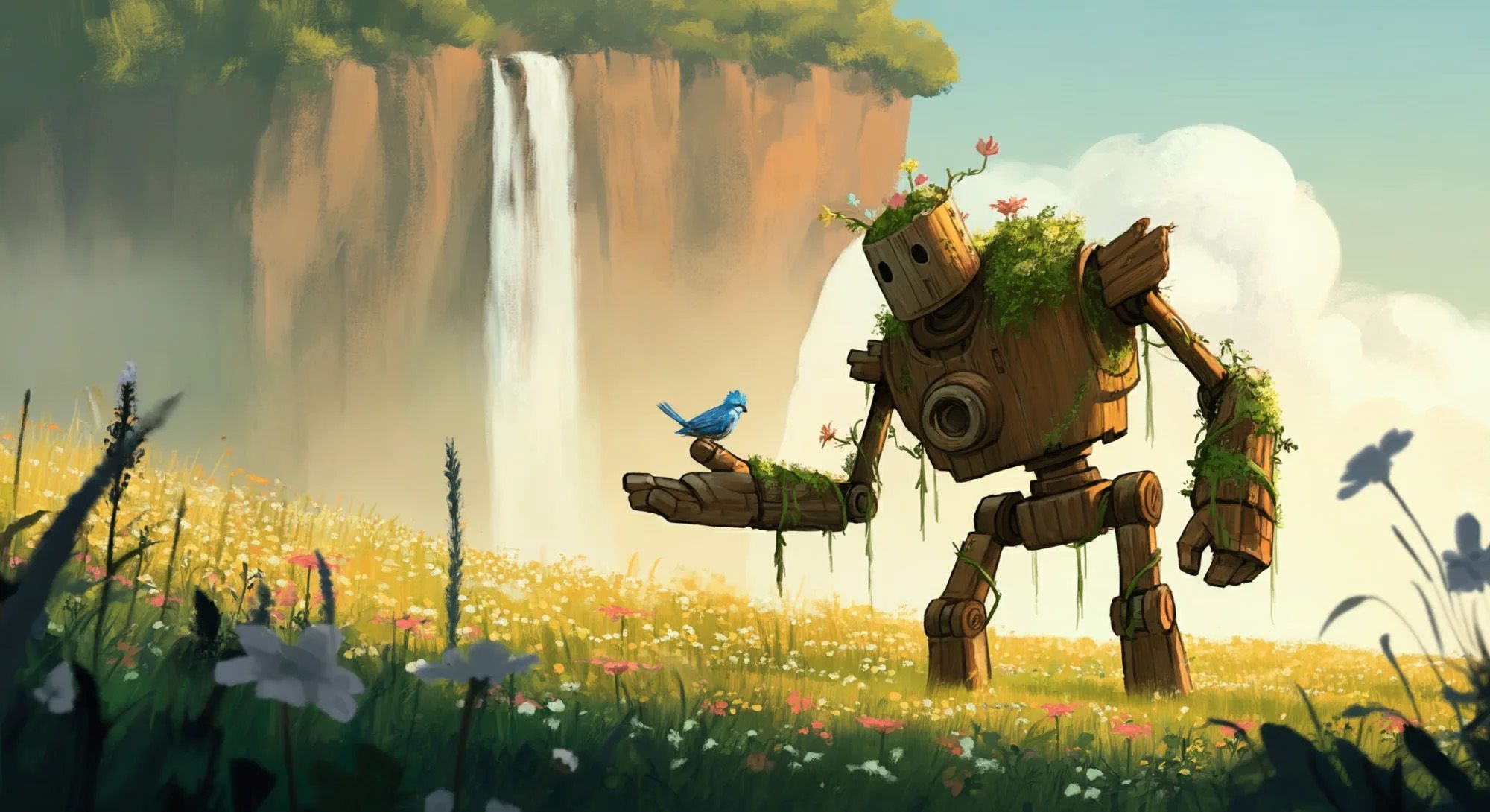 AI-generated image of a wooden mechanical robot with a bird perched on its hand