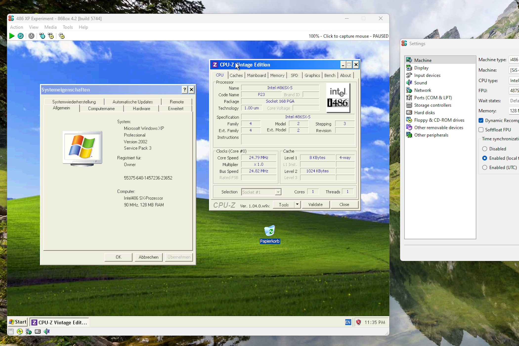 A screenshot of Windows XP running on an i486