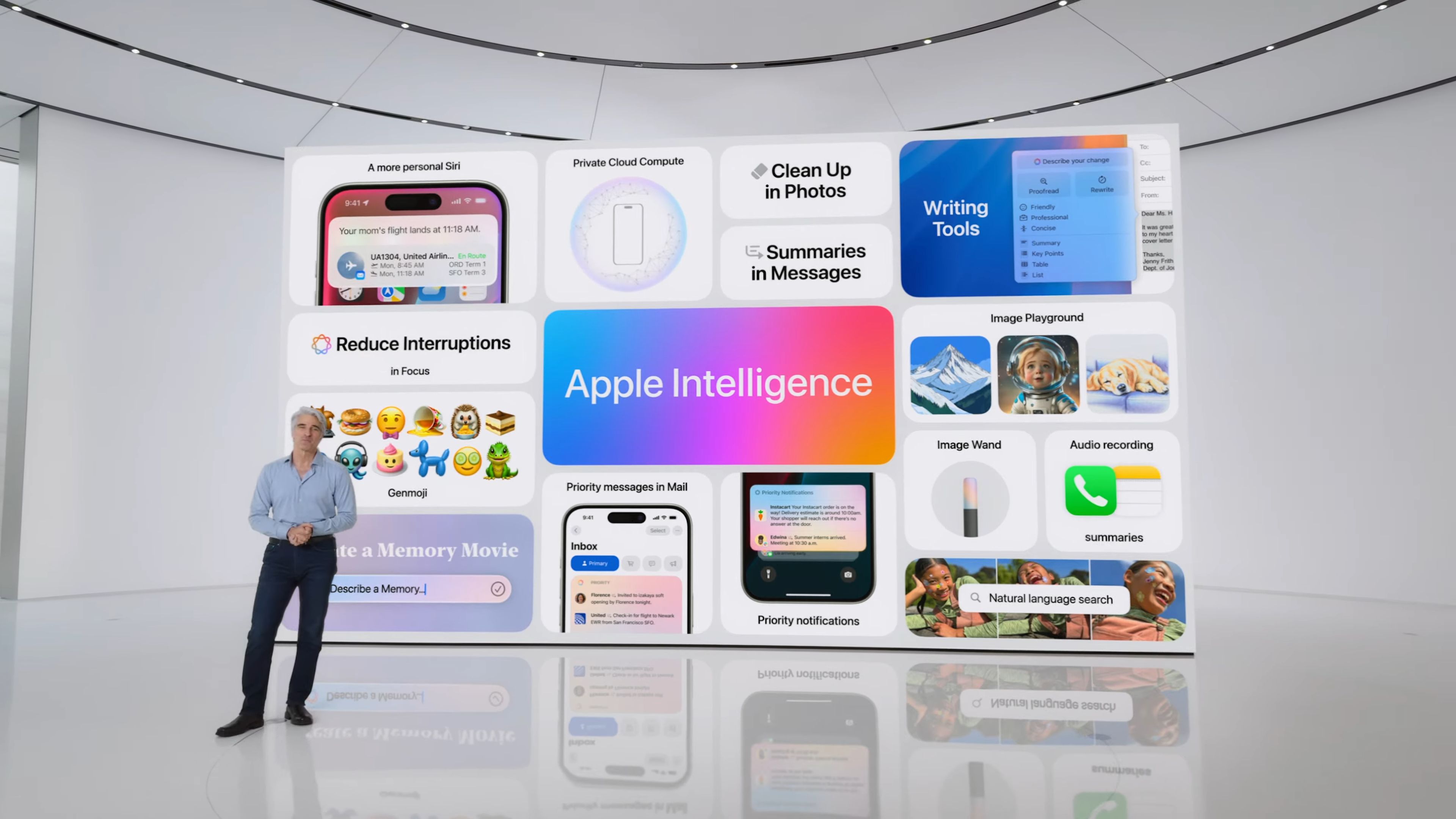 Person standing in front of Apple Intelligence presentation